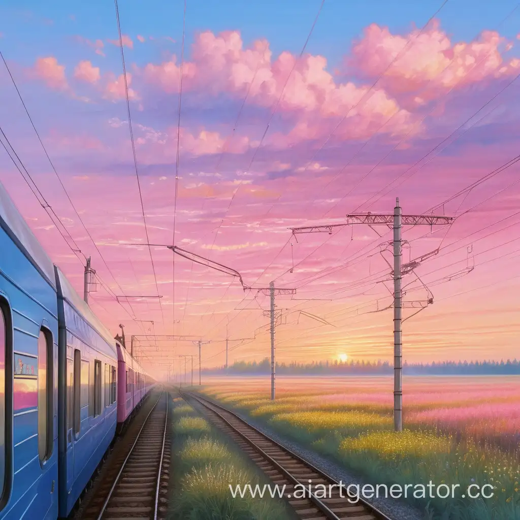 сгенерируй русское поле и летнюю зарю, используй розовые желтые и голубые оттенки для передачи неба, это должен быть вид из окна поезда