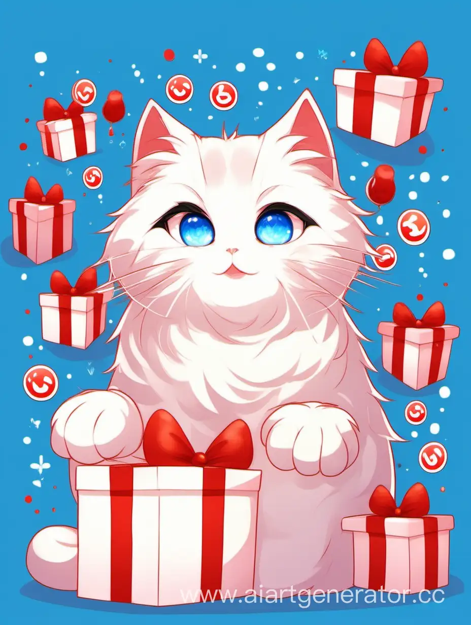 Fluffy-White-Cat-Surrounded-by-Red-Percent-Signs-on-a-Blue-Background