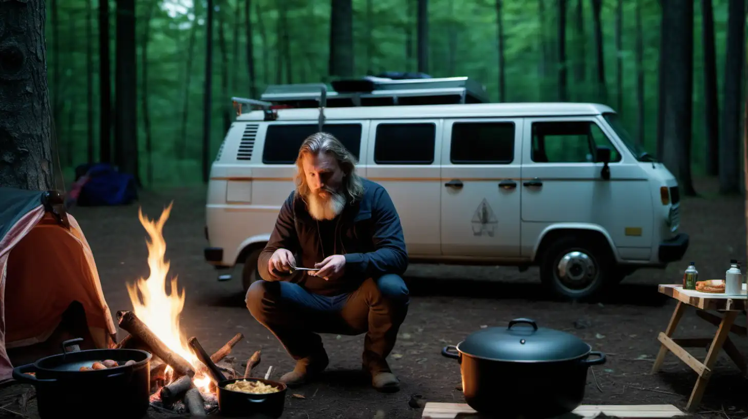Bearded Man Cooking Dutch Oven Meal by Campfire with Pet Pig in Woods