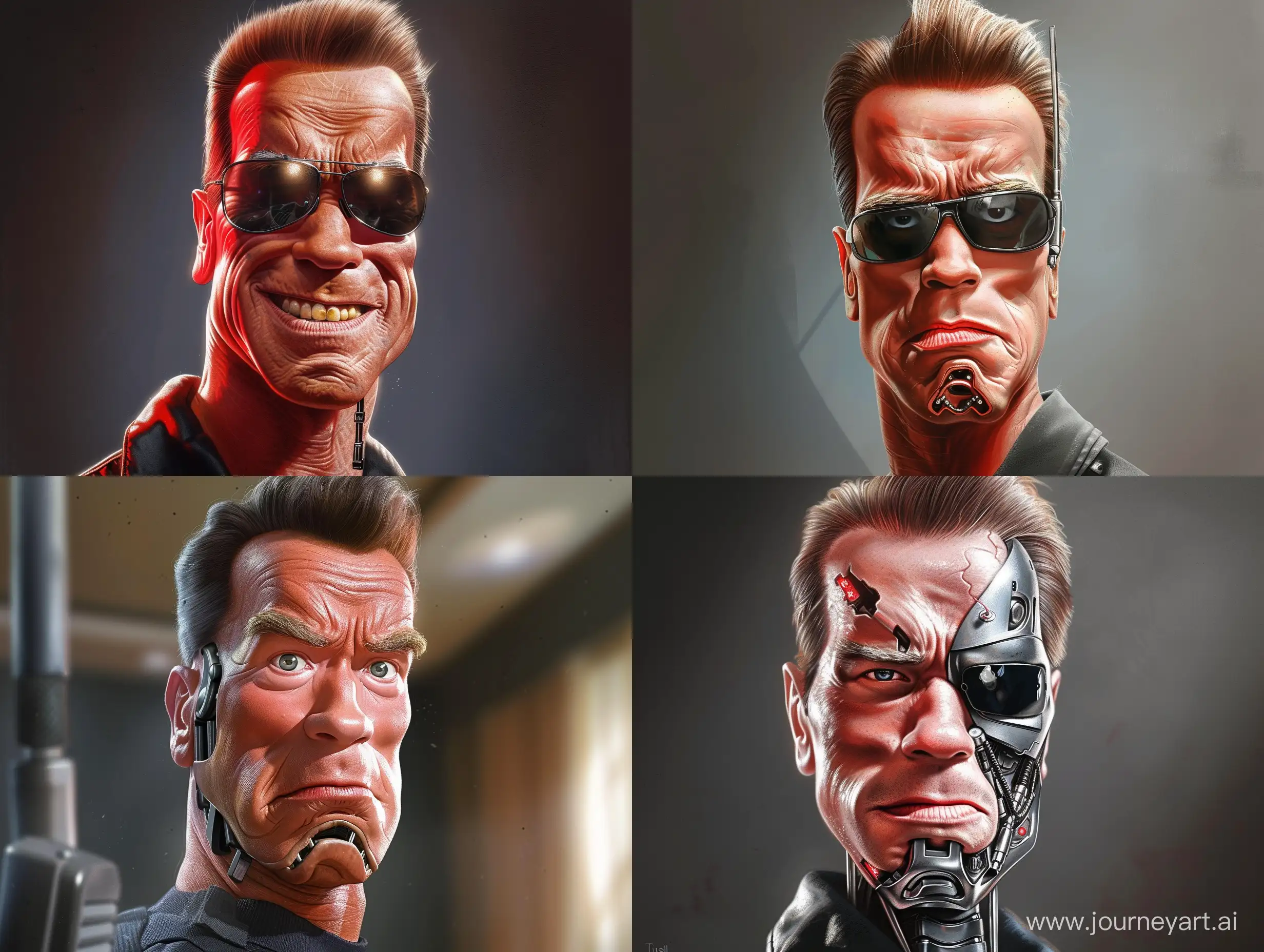 Arnold Schwarzenegger as Terminator by Tiago Hoisel's artistic work, whimsical, exaggerated style, reminiscent of humorous illustrations, humorously overstated Arnold Schwarzenegger, highlights whimsical, distinctive traits, uses caricature elements, lighthearted distortion, emphasizes comedic aspects of features