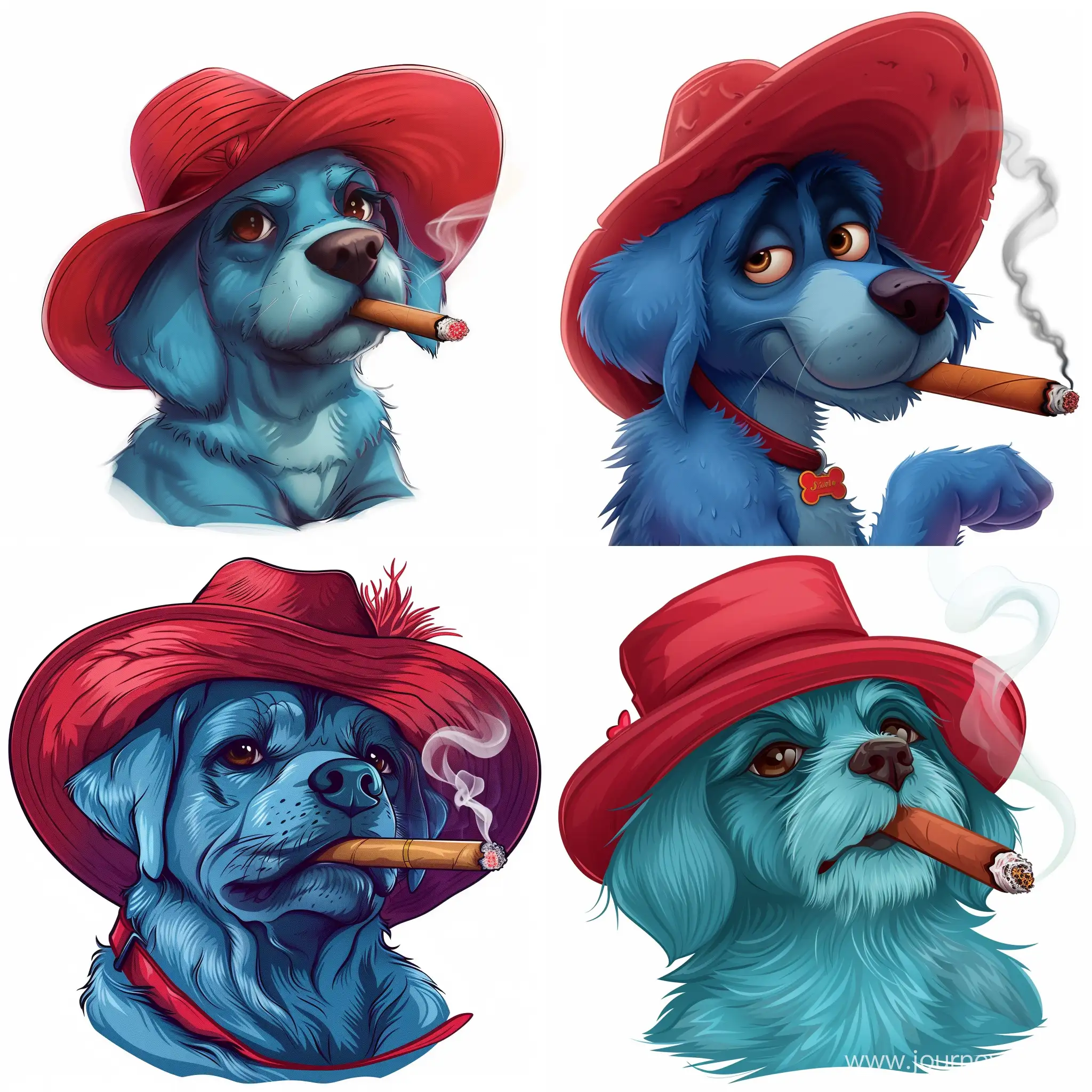 Blue dog smoking a cigar in a red hat, animation style, white background
