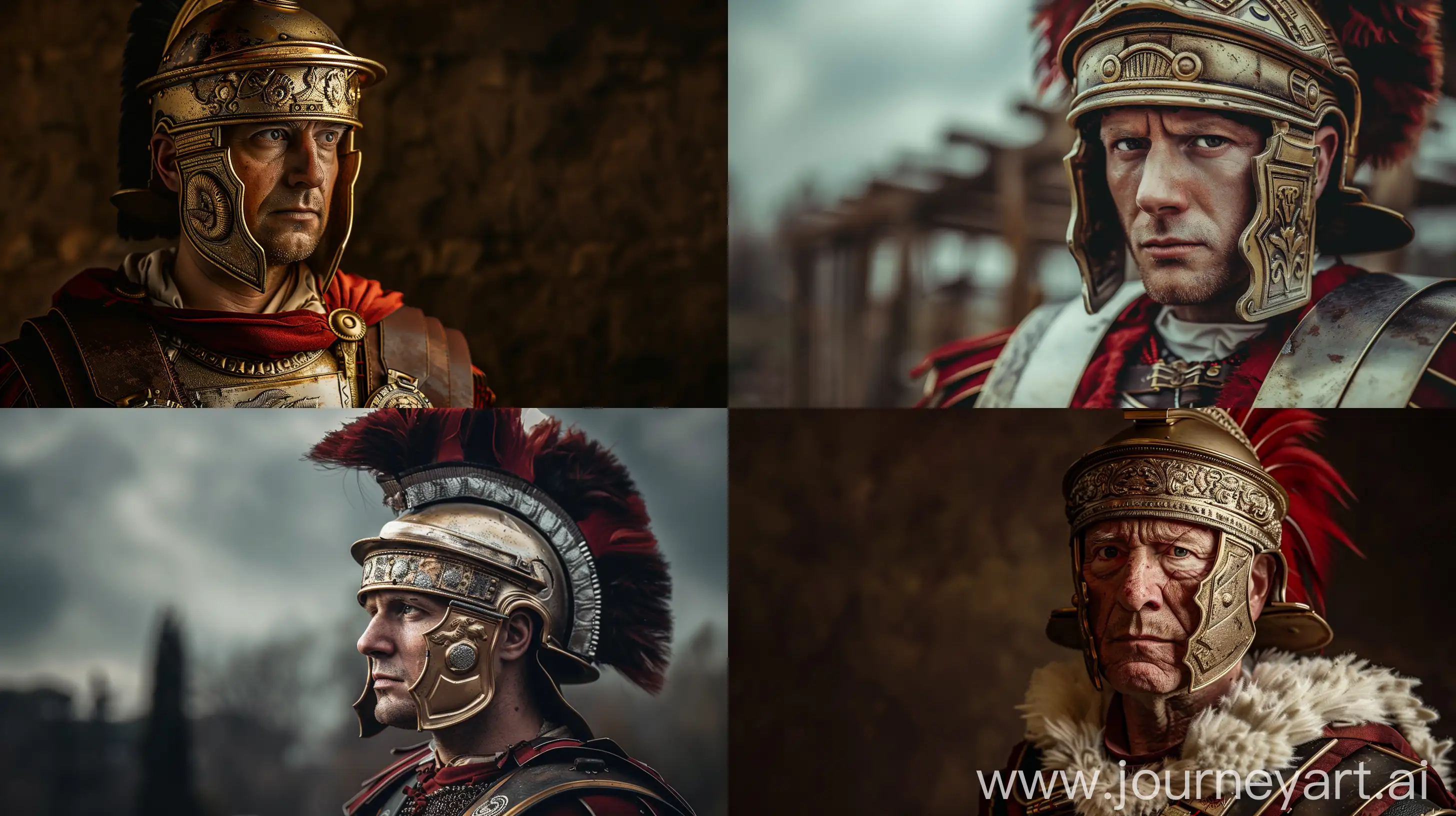 /imagine prompt: Roman warrior depicted in accurate attire, Blender, Portrait Photography, Eye Level, Nikon AF-S 70-200mm --ar 16:9