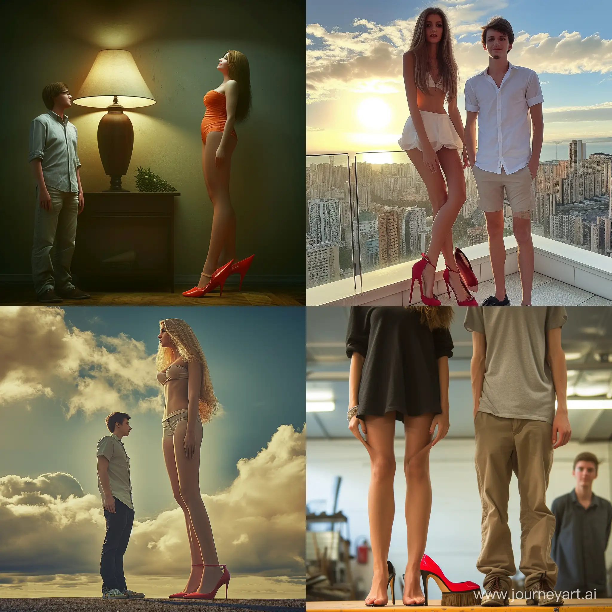 Create an image of a beautiful 500 feet tall woman wearing stilleto heels. Next to her gigantic heels is standing her normal sized boyfriend.