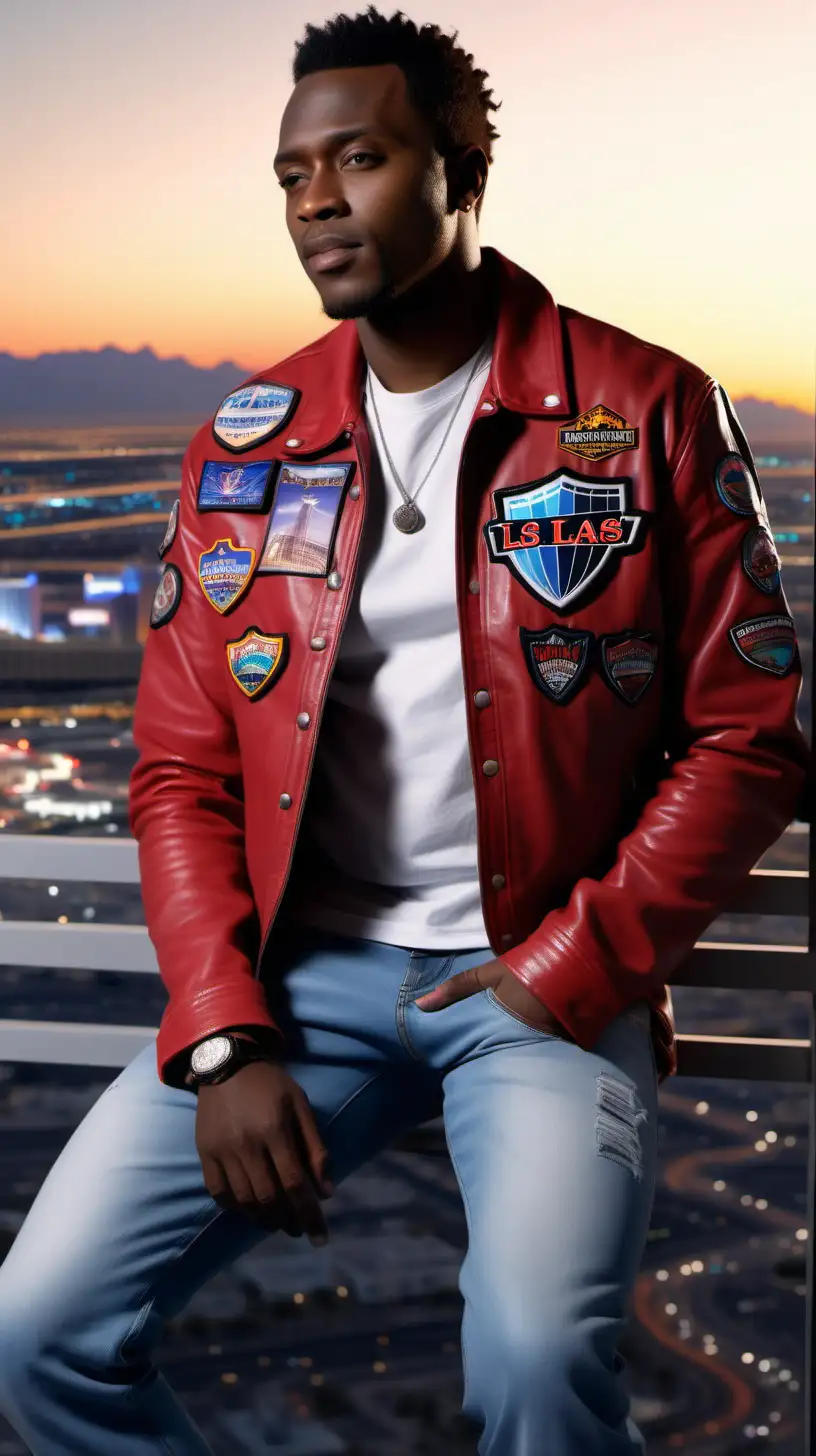 Handsome Black man, wearing Red, leather mechanics jacket with racing patches, wearing white tee shirt, wearing denim jeans, leaning against large windows, in Penthouse, over looking Las Vegas sky line, Break of Dawn sky in the distance Ultra 4k, high definition, 1080p resolution, lighting is volumetric