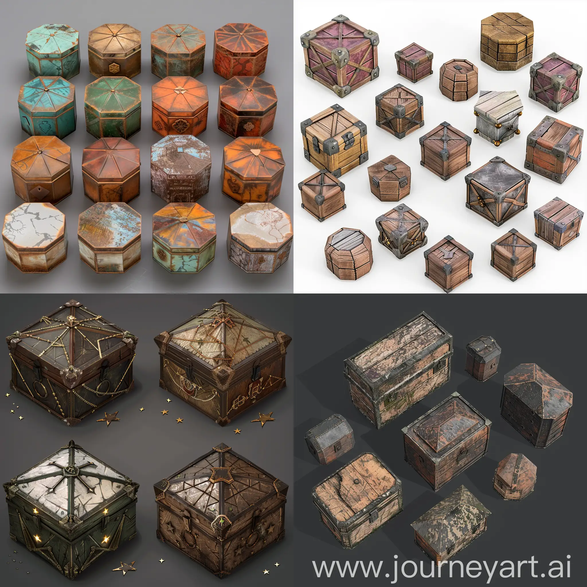 Isometric-Set-of-Worn-Pentagon-Jewelry-Boxes-Unreal-Engine-5-3D-Asset