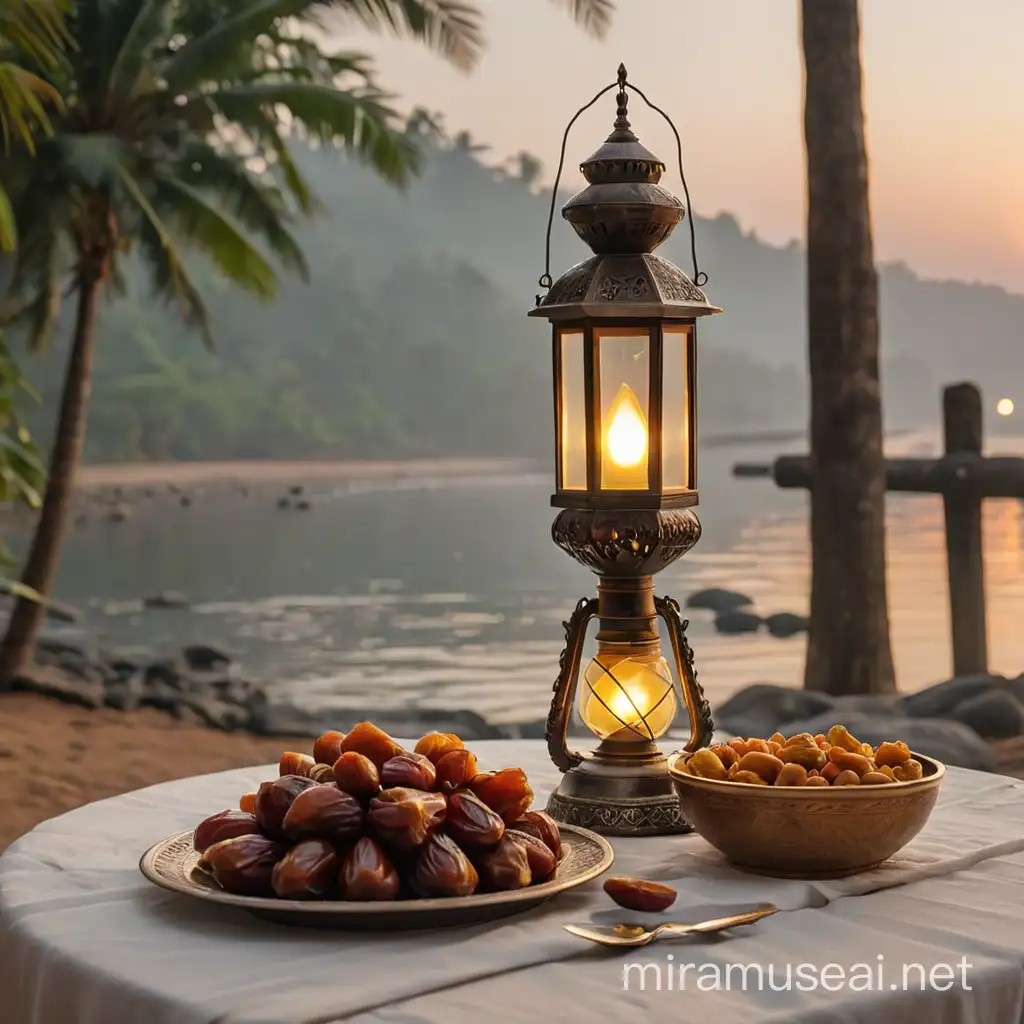 Traditional Ifthar Celebration with Lamp and Dates by the Riverside in Kerala