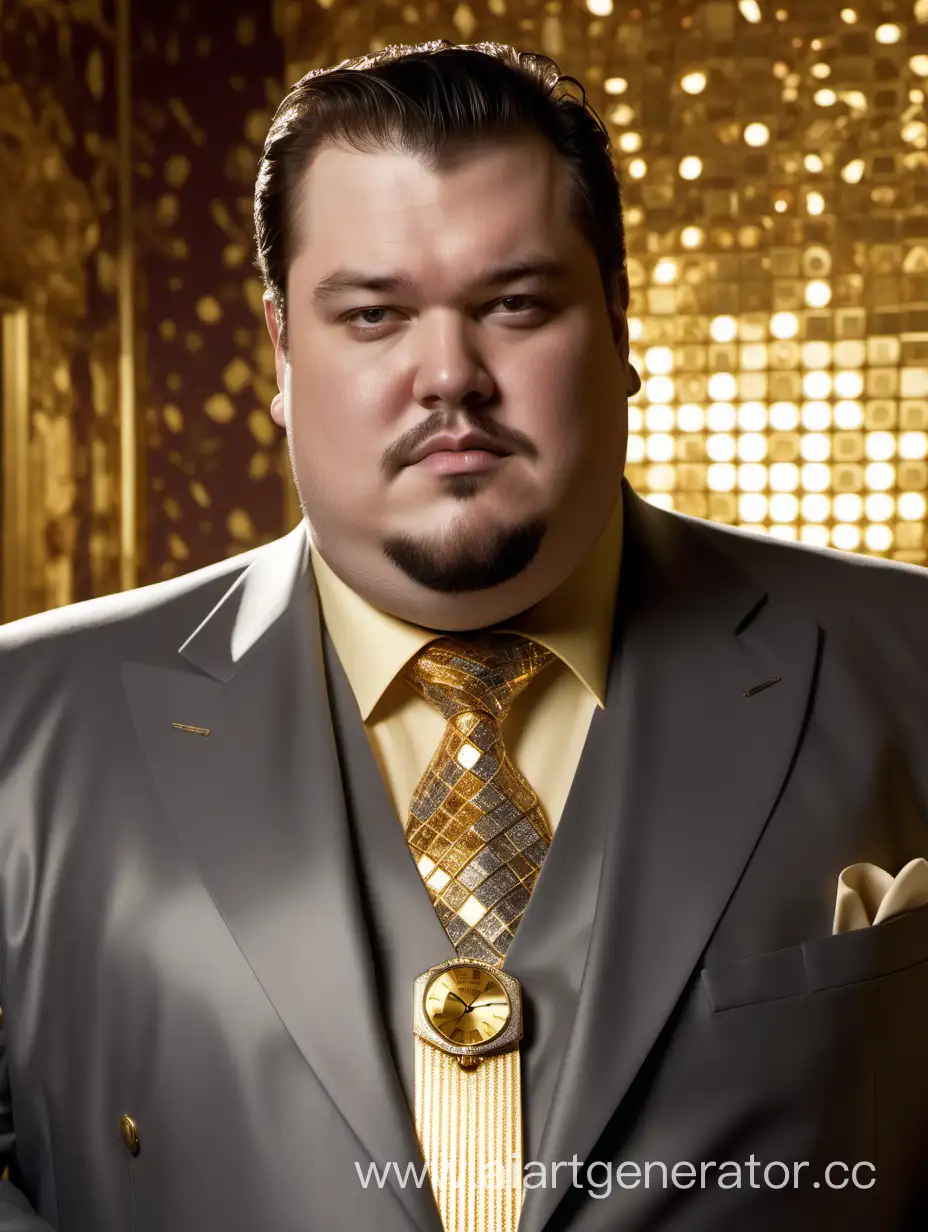 толстый, очень богатый, высокомерный, статусный, мужчина со вторым подбородком, с бриллиантовым галстуком и роскошными часами и небольшой щетиной, на фоне золотые хрусталя и стены. персонаж смотрит в камеру
