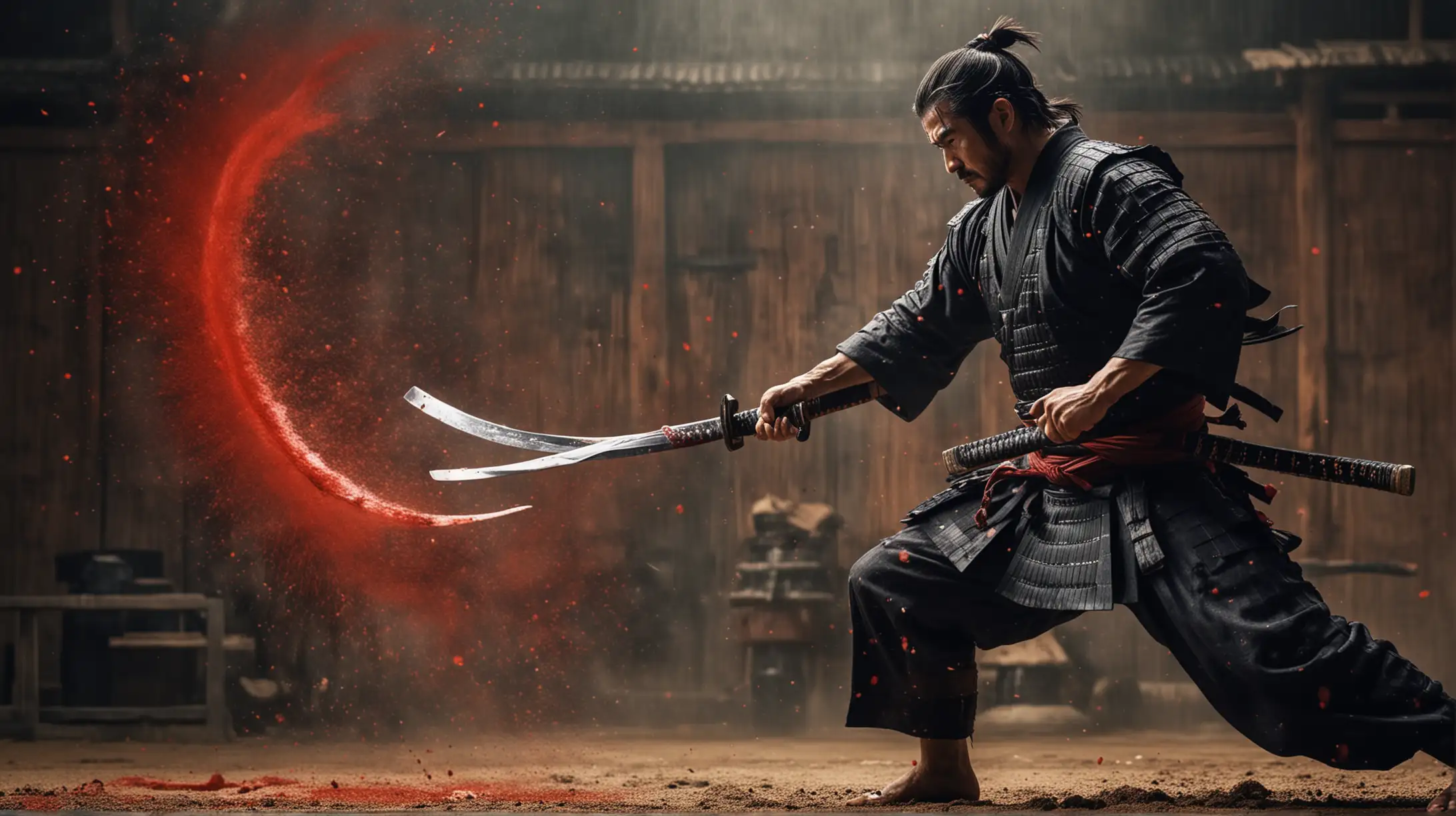 Shogun fighting with samurai blade. Lots of blood, samurai era background 