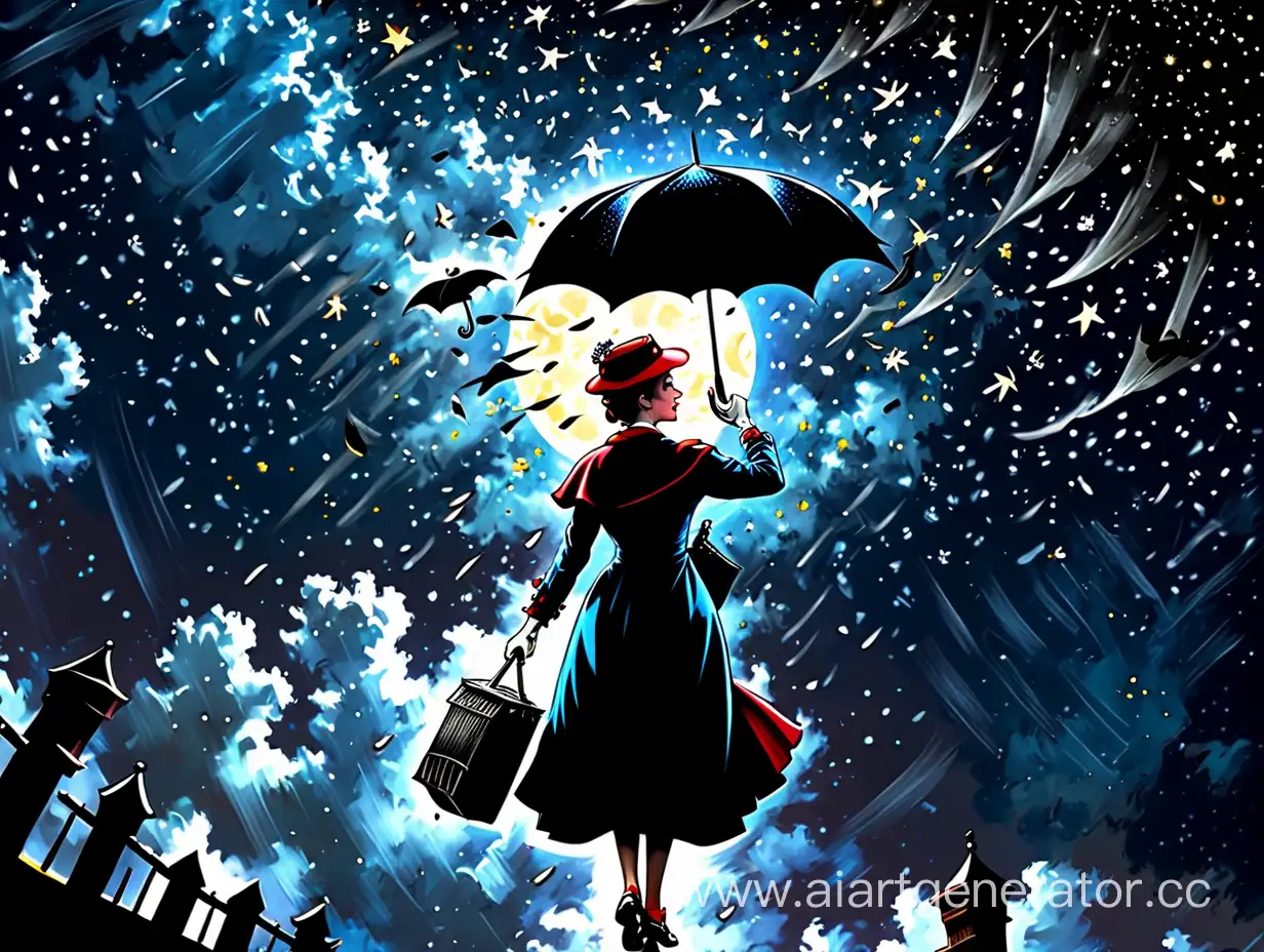 Mary-Poppins-Flying-with-Umbrella-in-Starry-Night-Sky