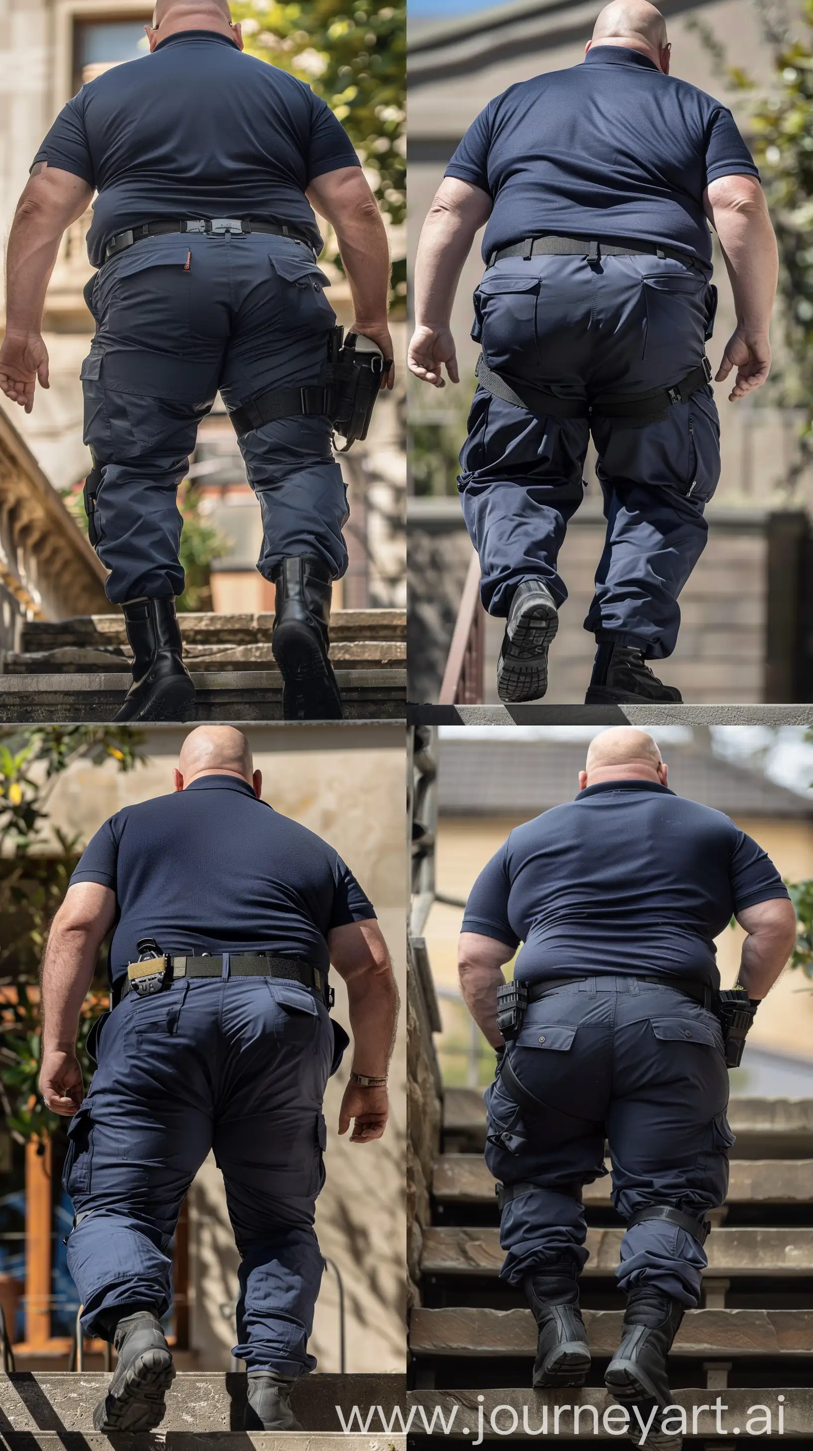 Close-up full body back view photo of a very fat tall man aged 60. The man is wearing silk navy tight and very tightly stretched battle pants tucked in black tactical boots, a tucked in silk navy sport polo shirt and a black tactical belt. Legs straight climbing stairs. Outside. Bald. Clean Shaven. Natural light. --ar 9:16