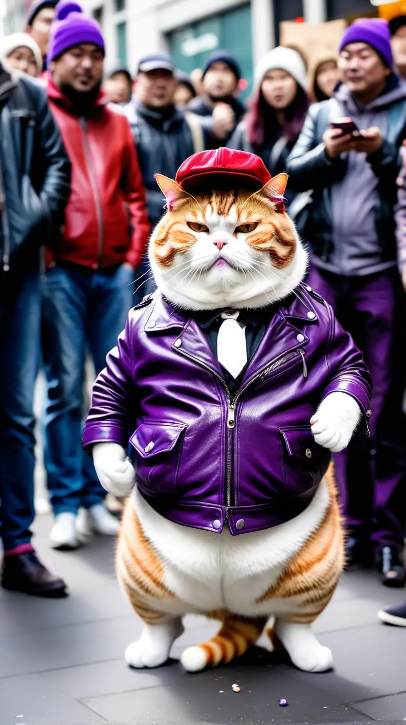 A very cute fat cat wearing a leather jacket, red and purple hat, white shoes, bag, was busking in the middle of a group of people