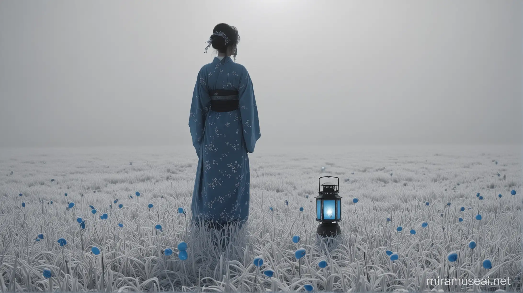 a lady in japanese costume with a blue lantern standing alone in a white frosty field. Whole scene is black and white just the lantern is blue colored and lady is splashed with blue also, 4K realistic close up shot