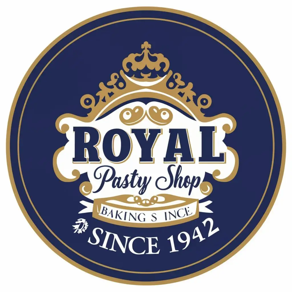 logo, A Crown incorporated into the Royal Pastry Shop name. A circular logo.  Use Royal Blue, White and Gold Colors. Modern look, and is not elegant. Incorporate Italian pastry, cake, and pizza icon graphics inside of logo., with the text "ROYAL PASTRY SHOP
Baking Since 1942", typography, be used in Restaurant industry