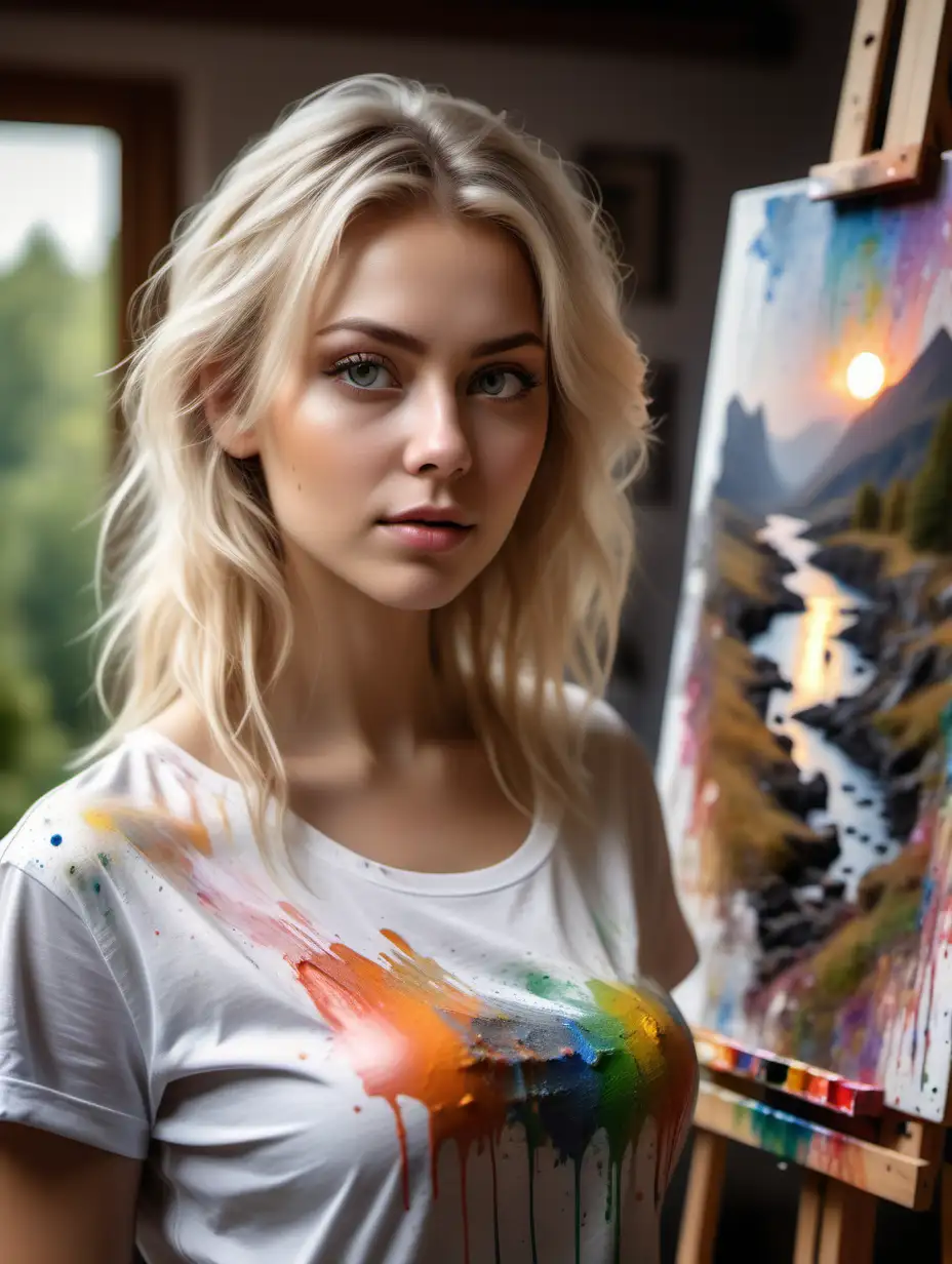 Beautiful Nordic woman, very attractive face, detailed eyes, big breasts, slim body, dark eye shadow, messy blonde hair, wearing a t-shirt covered in different colored paints, close up, bokeh background, soft light on face, rim lighting, facing away from camera, looking back over her shoulder, standing in front of an easel with a landscape painting on it, photorealistic, very high detail, extra wide photo, full body photo, aerial photo