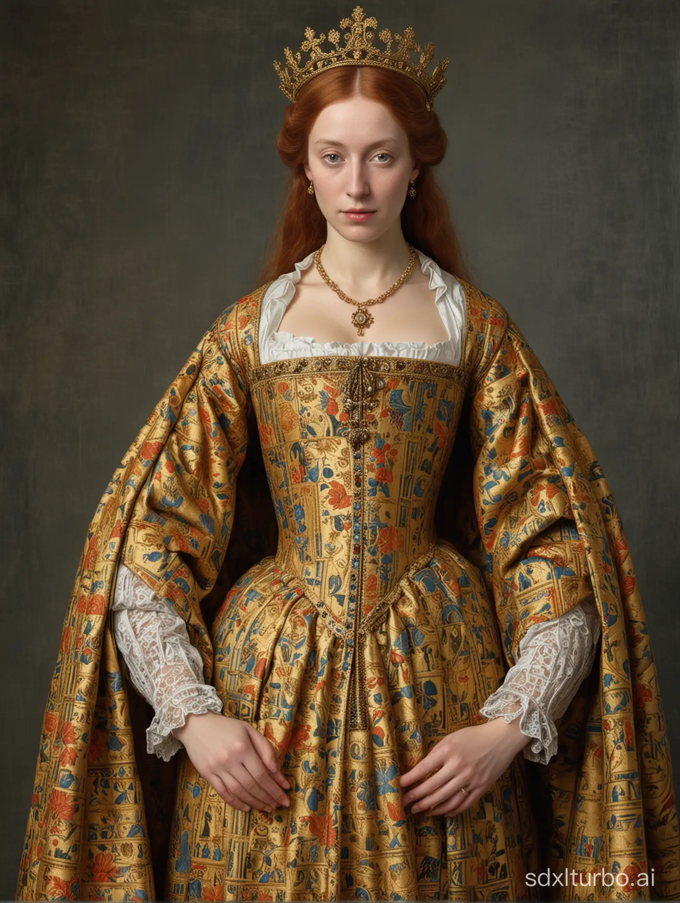 Elegant-Queen-in-Brocade-Regal-Standing-Portrait-by-Rogier-van-der-Weyden
