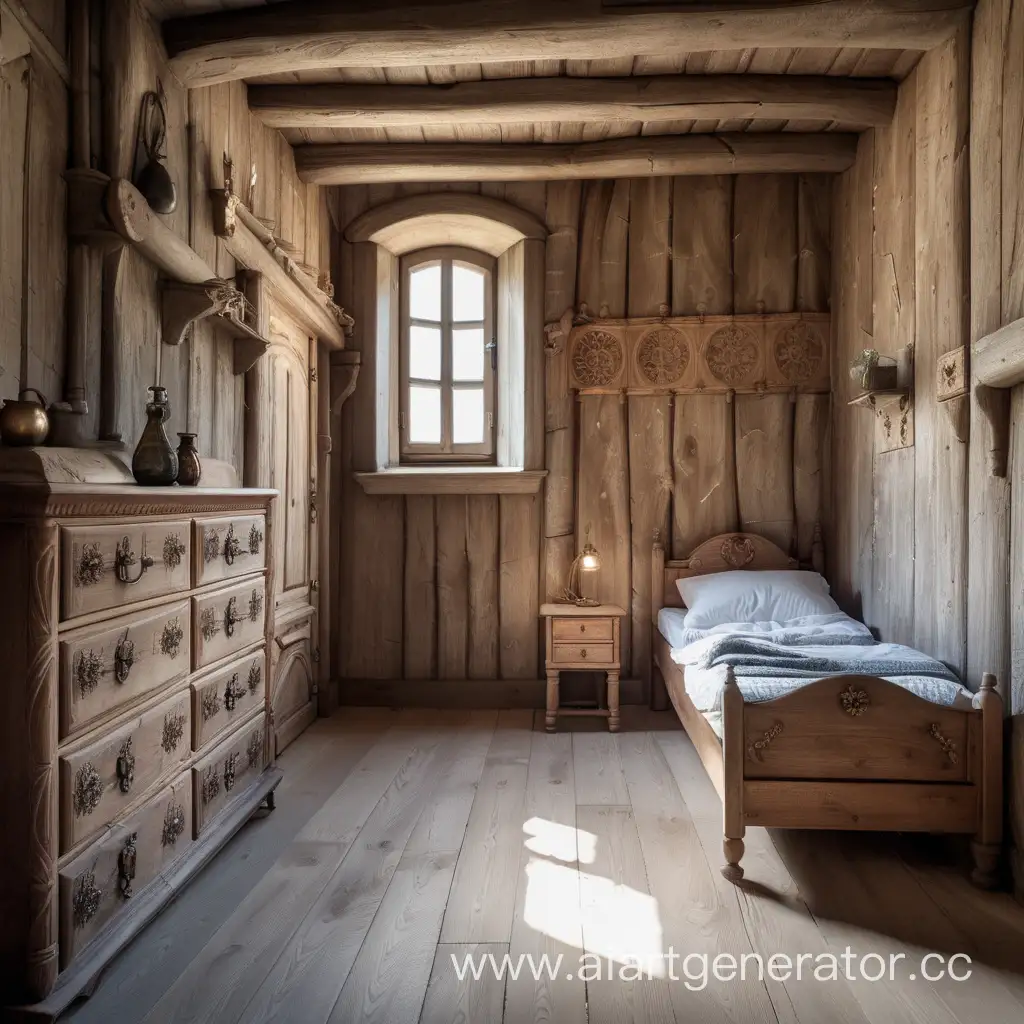 узкая комната с комодом и кроватью у окна с трещинами в средневековом стиле с ровными стенами из досок