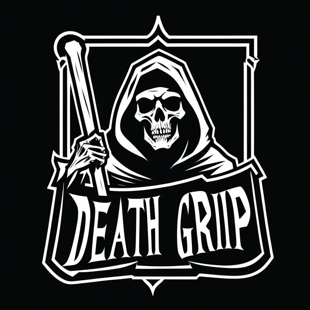 Black and white Stencil of the grim reaper holding a sign that reads Death Grip, logo, in the style of Jim Phillips, minimalist, simplicity, vector art, isolated on black background -v 5