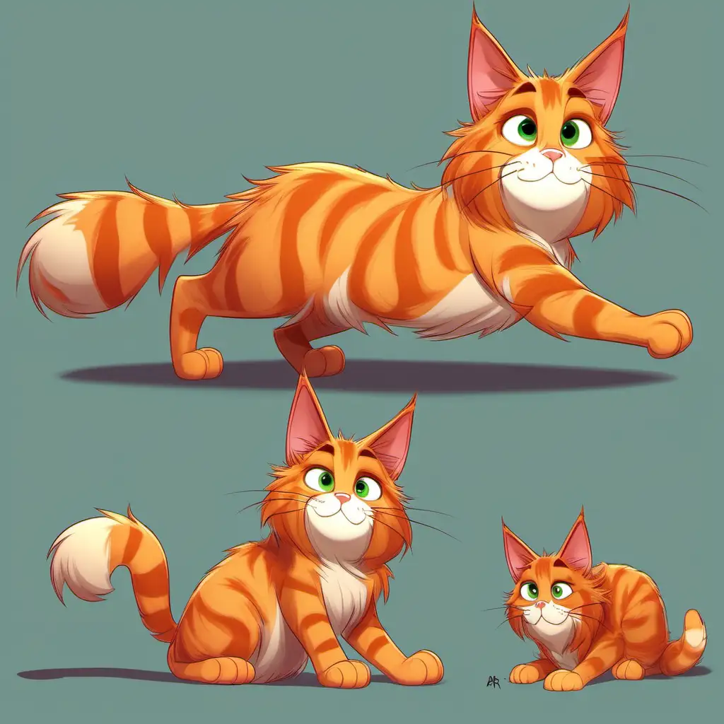 /imagine prompt: Character design different poses, pixar Cartoon, orange mainecoon cat --ar 16:9 --r 2 --c3