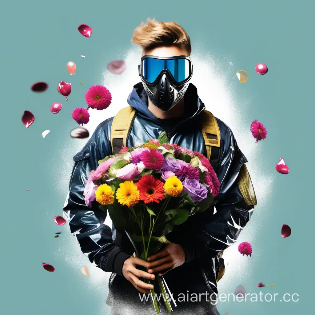 Молодой мужчина в одежде, в пейнтбольной маске, с не прозрачным стеклом, реалистичный с огромныым букетом цветов в руках
