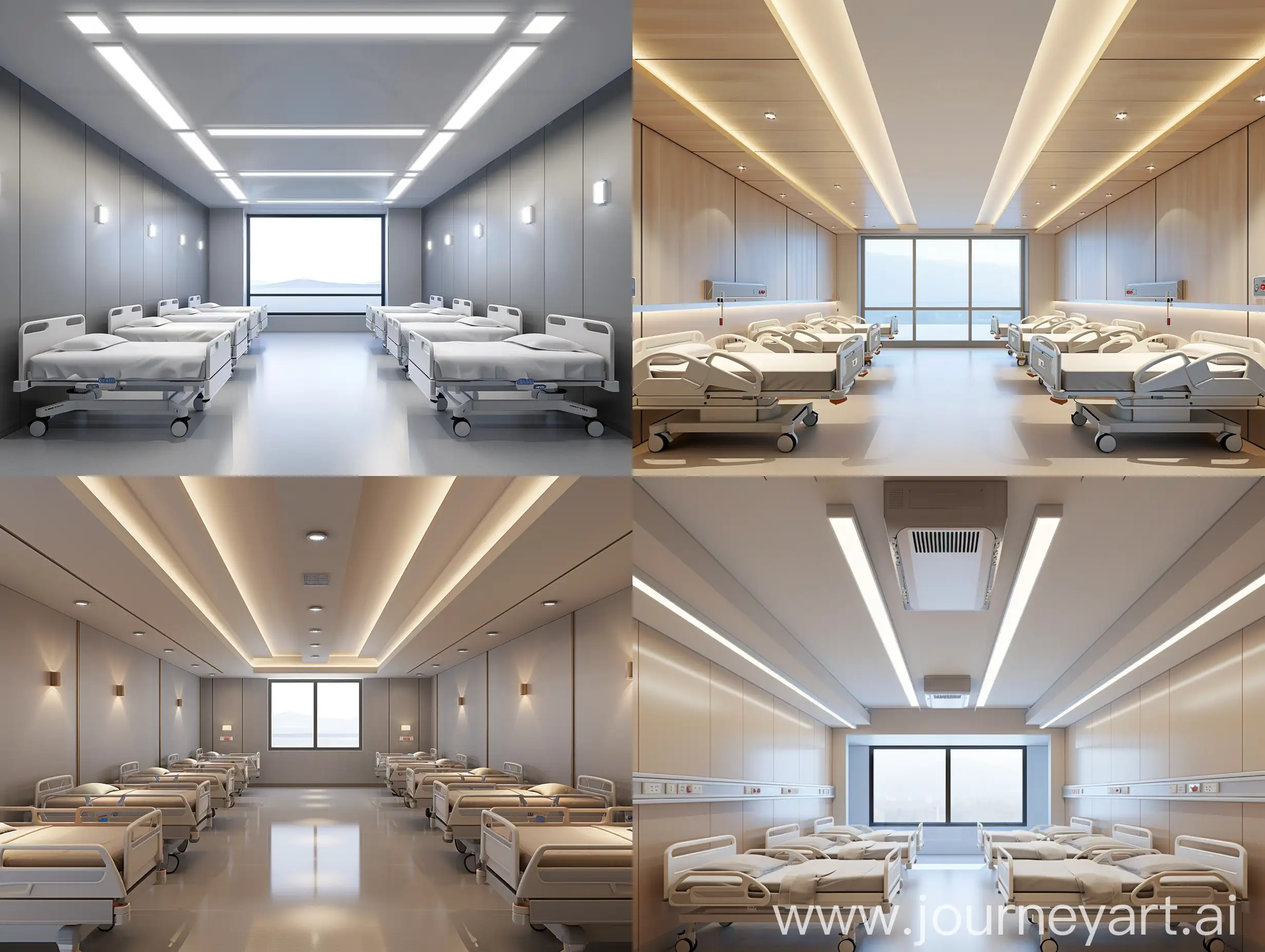 hyper realistic image of a rectangular modern hospital maternity ward with six hospital beds on either side and  a window at the end of the room spanning the entire length of the wall, with L.E.D overhead lighting