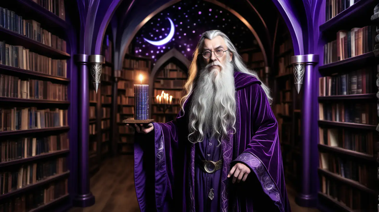 Fantasy Wizard in Moonpatterned Robes in a Castle