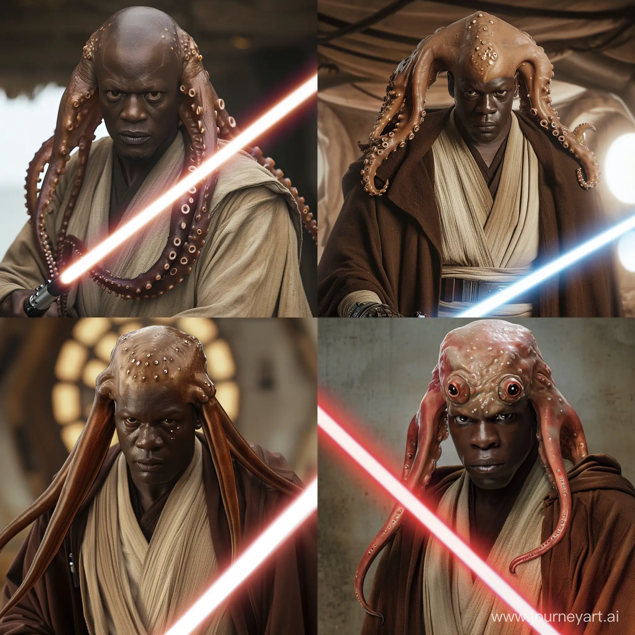 Generate an image featuring Djimon Hounsou as the skilled and amphibious Jedi Master Kit Fisto from Star Wars. Embody the calm and wise demeanor of Kit Fisto, with Djimon Hounsou portraying the character in his distinctive Jedi attire. Pay attention to the details of Kit Fisto's head tentacles, lightsaber, and the overall aura of a capable and seasoned Jedi. Ensure that Djimon Hounsou brings his unique charisma to the portrayal, capturing the essence of Kit Fisto's mastery in lightsaber combat and his peaceful nature. Create an image that reflects both the strength and serenity that define Kit Fisto in the Star Wars universe.