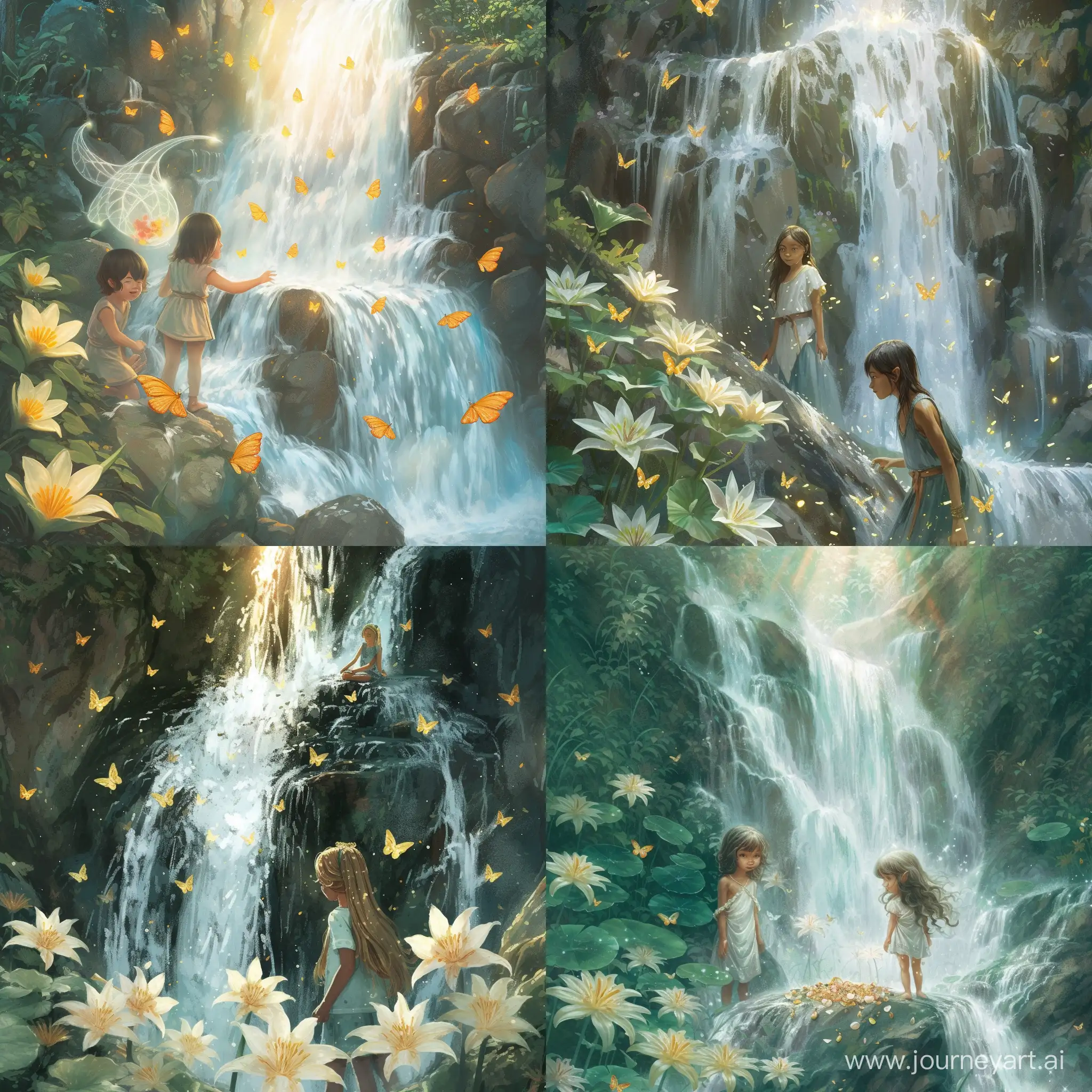 Chapter 5: Meeting with the Enchanted Nymph

Advancing further on their journey, Mira and Kostya heard the sweet whisper of the wind, leading them to a breathtaking waterfall surrounded by lilies and golden butterflies. Behind the obscuring waterfall rock, a magnificent Nymph appeared, shining with the light of the moon and permeated with untainted beauty.

The Nymph greeted the children with a smile, where wisdom and care for the Wonderland Forest radiated from every glance. She invited Mira and Kostya to share their adventures and to see the world through the prism of magic and harmony.

The encounter with the Nymph brought a new perspective to the children about the surrounding world - a world full of mysteries and beauty, harboring an inexhaustible source of wisdom and nobility. The Nymph taught Mira and Kostya to understand the language of nature, to listen to its voice, and to open their hearts to the endless magic of the worlds of living beings.

At the end of the meeting, the Nymph gifted the children amulets made of mother-of-pearl and gold, symbolizing the protection and blessing of the Forest. The children accepted these gifts with gratitude, feeling the touch of the Nymph's magic and kindness, which engraved itself in their hearts as a bright and eternal memory.

Descending down the waterfall, Mira and Kostya continued their journey, filled with new inspiration, strength, and understanding that they were not alone on this amazing path into the increasingly mysterious Wonderland Forest.

Thus, the meeting with the Enchanted Nymph became another important step for Mira and Kostya, revealing new facets of magic and wisdom in this wondrous world of adventures. --v 6 --ar 1:1 --no 4283