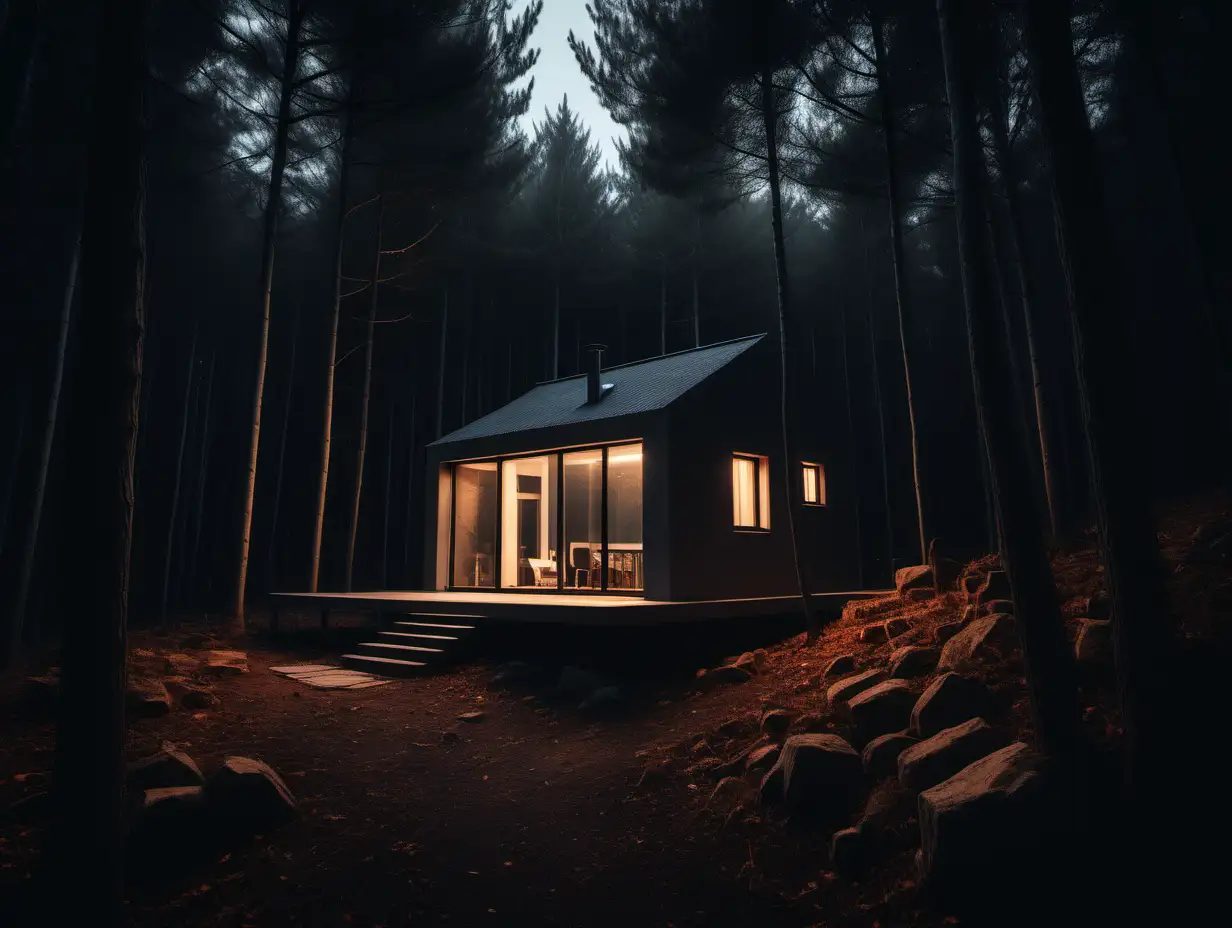 minimalistisches Bild von kleinem Haus am Abend im Wald mit Lichtern 
