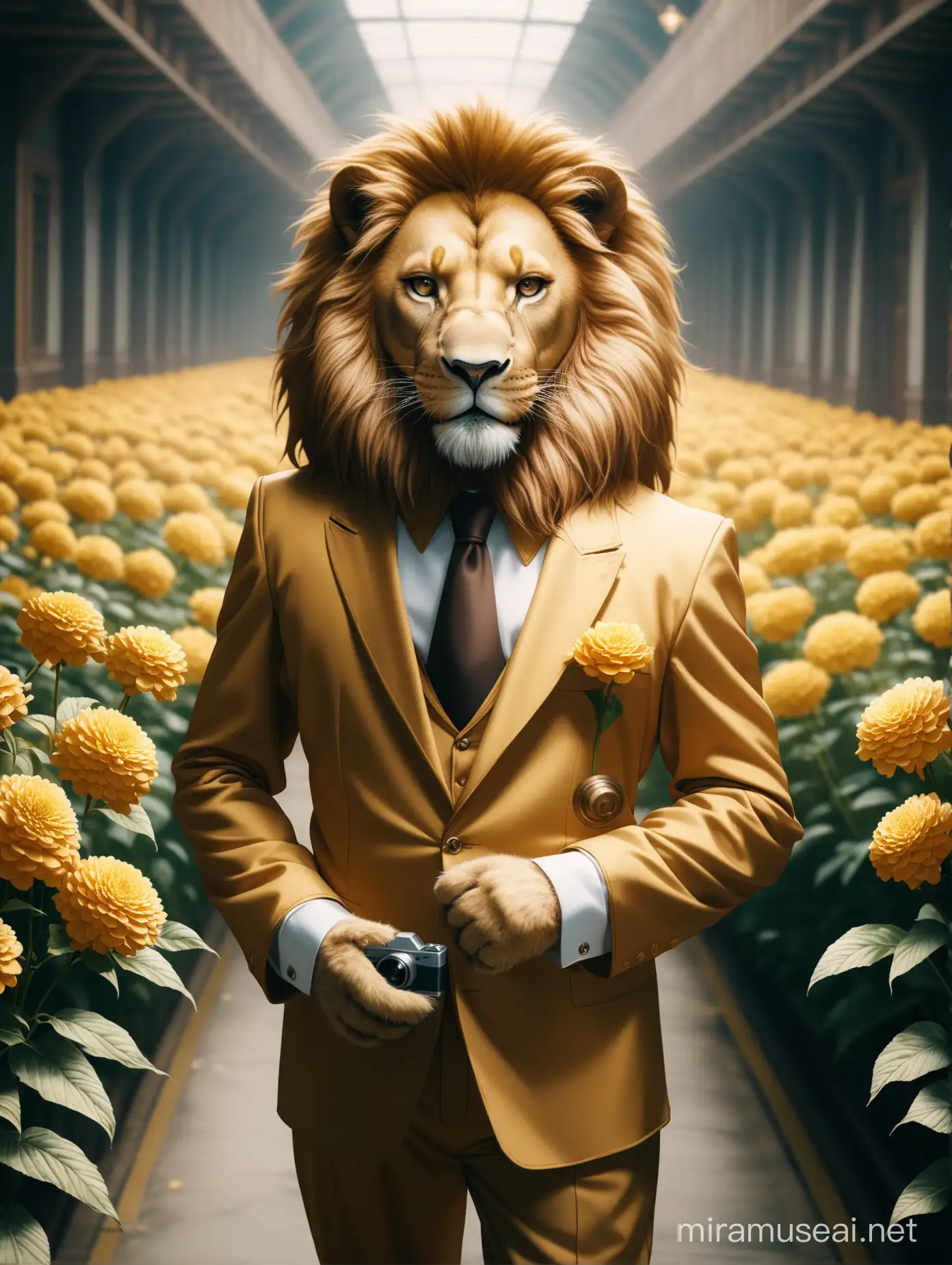 a lion dressed in an old money suit with fur collar, flowers in one hand, cinematic, look at camera