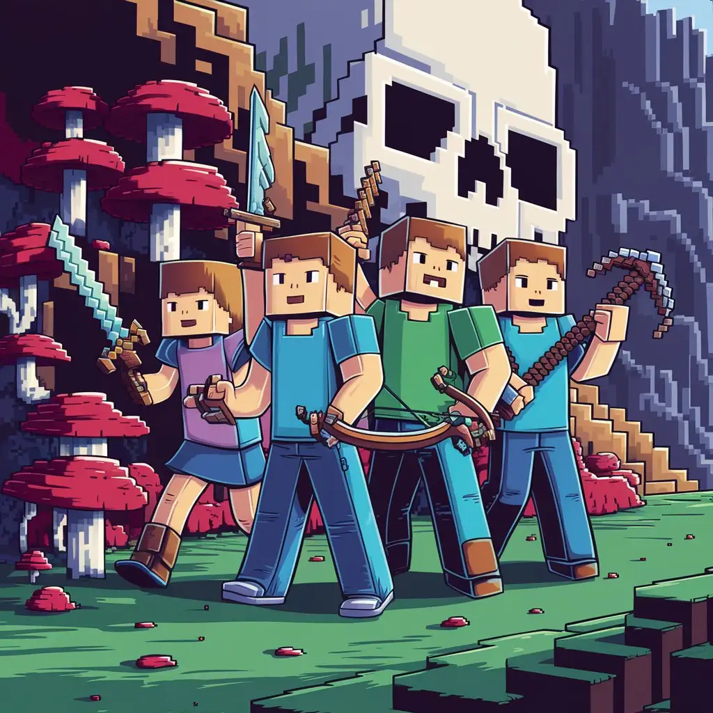 minecraft 4 adventure friends 1 girl 3 boys ready to fight traveling gamer pic with skulls and mushrooms