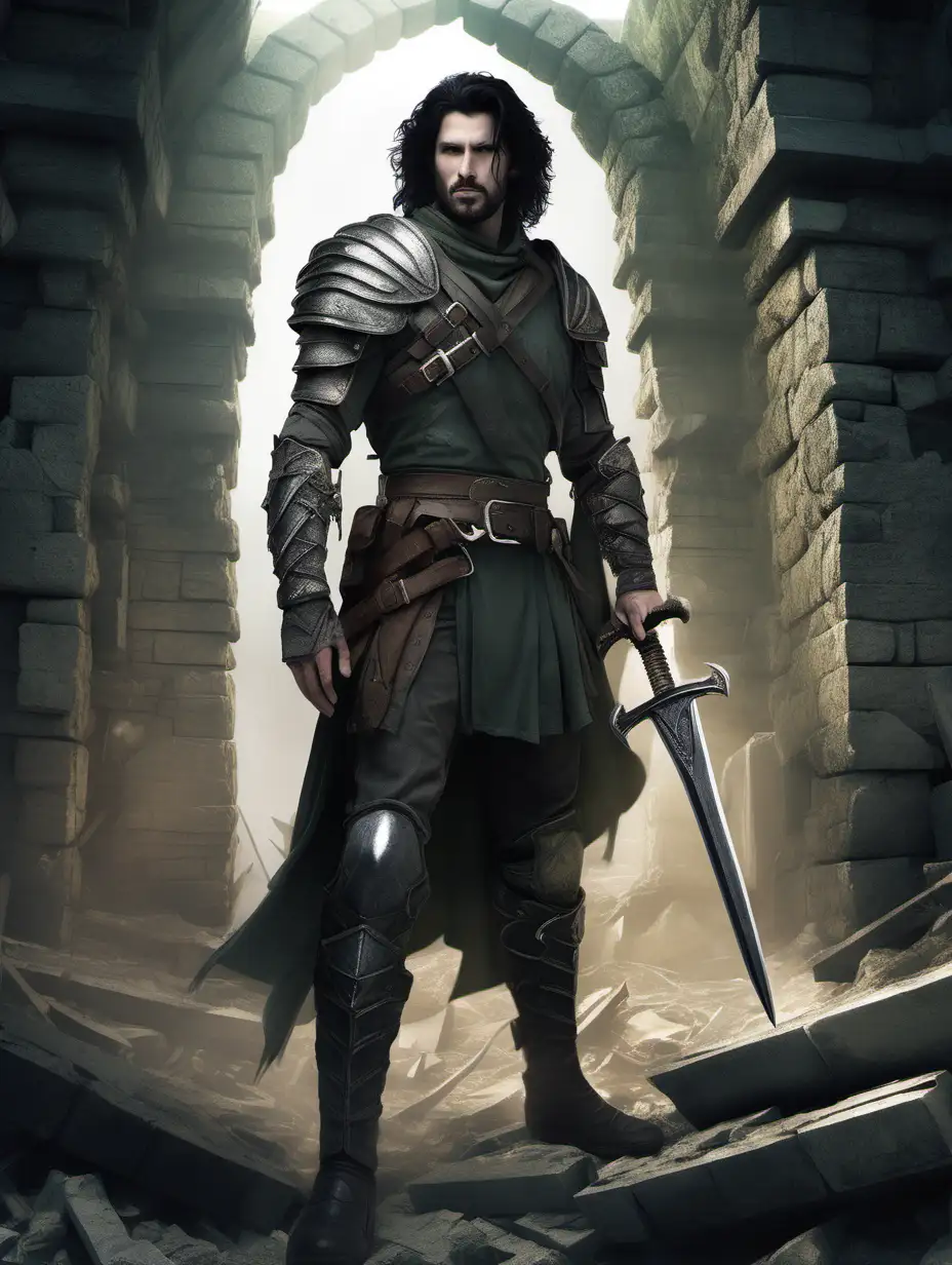 An image of a 35 year old ranger, black hair, short beard, handsome face with sharp features, light armour and a sword, in the ruins of a keep, in detailed fantasy style