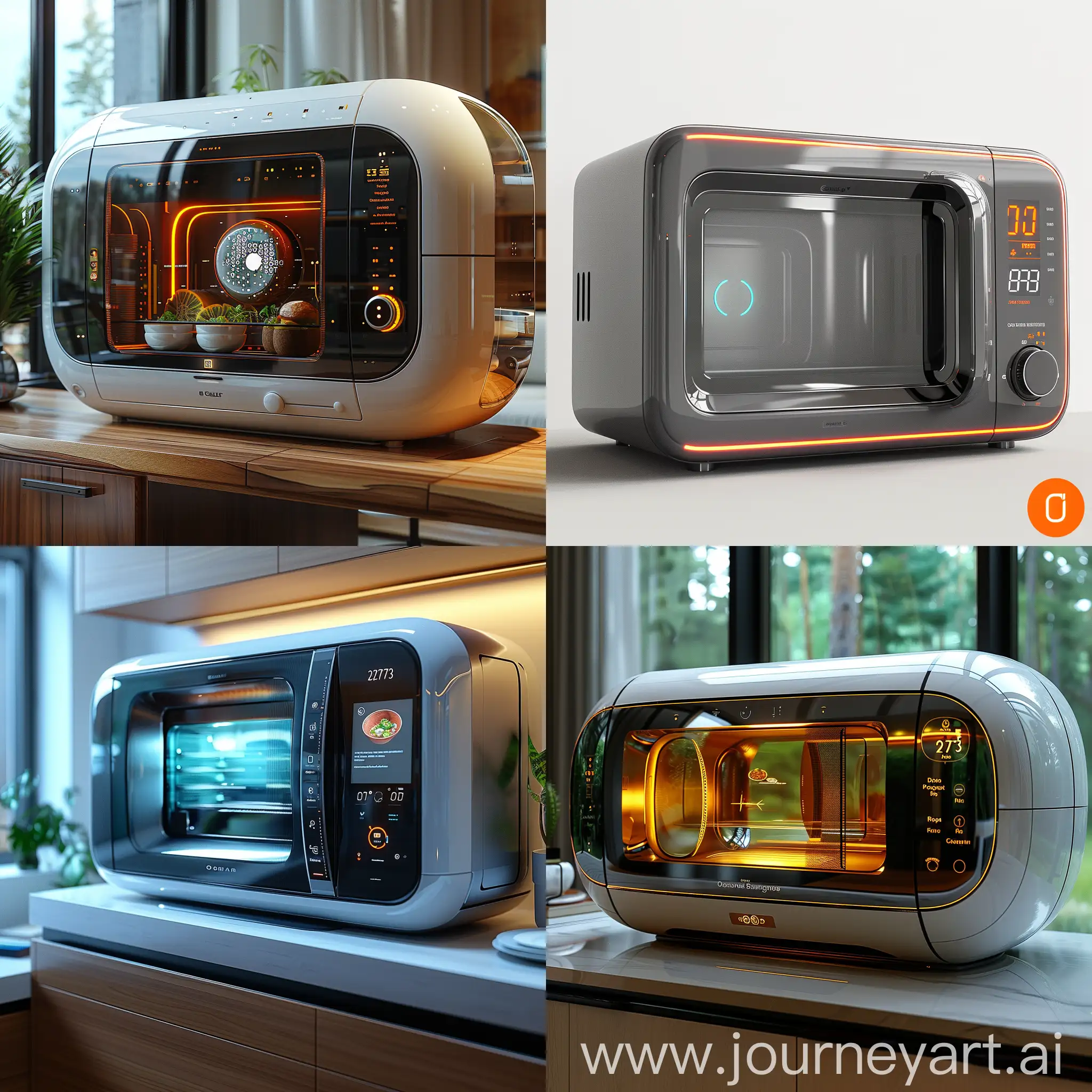 Futuristic Microwave, 2473, Sleek Design, AI Chef, Molecular Reconstruction, Nutrient Preservation, Voice Control, holographic Recipe Projection, Self-Cleaning, octane render --stylize 1000