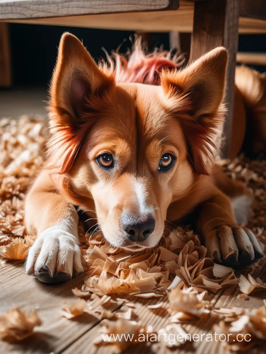 RedHaired-Mongrel-Dog-Resting-Under-Wooden-Table