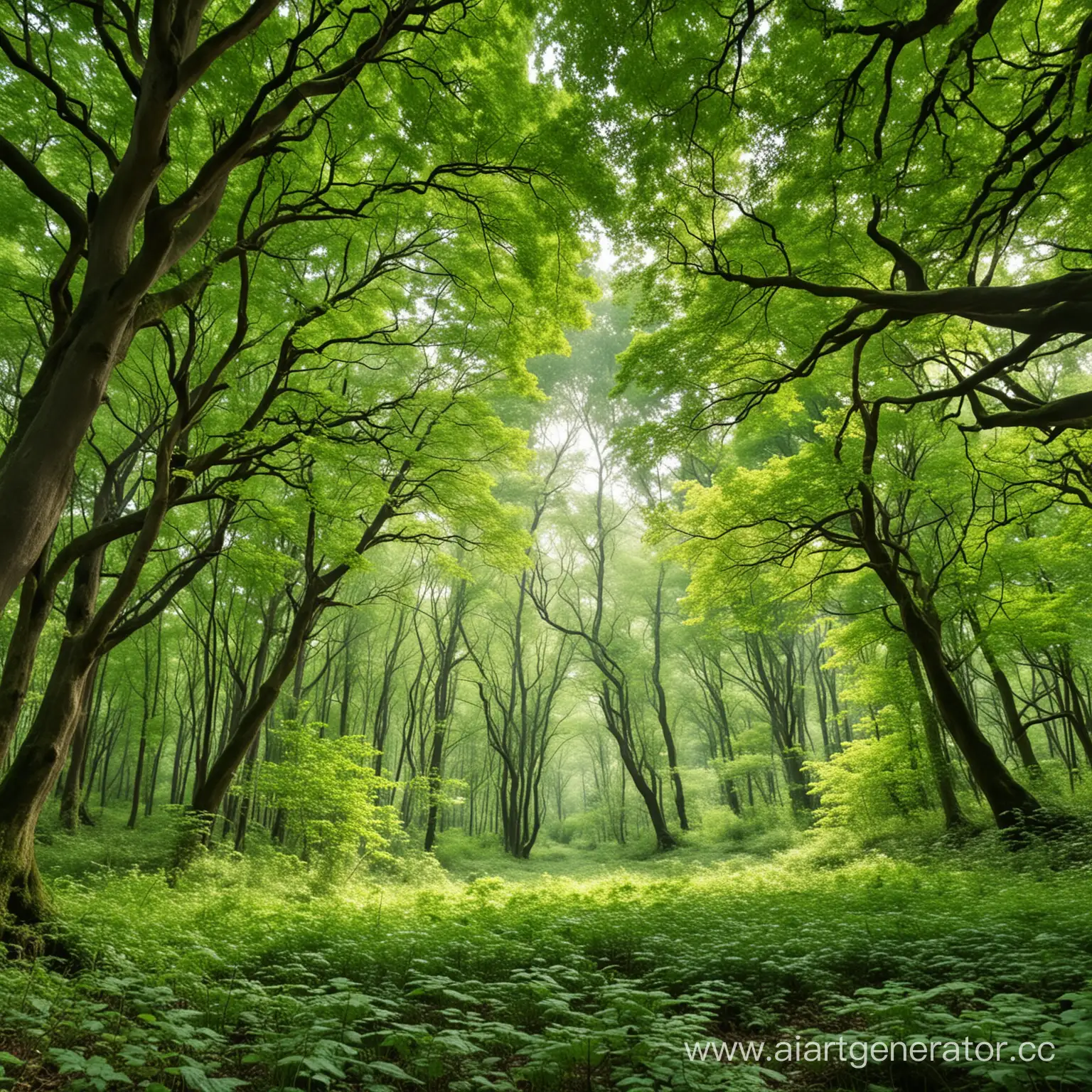 яркий и зеленый лес,большие толстые деревья, листья, вид изнутри леса