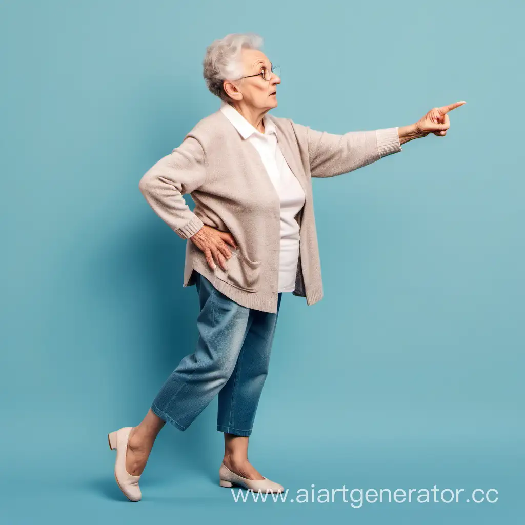 elderly dissatisfied woman, pointing with finger, side view, full length photo with legs