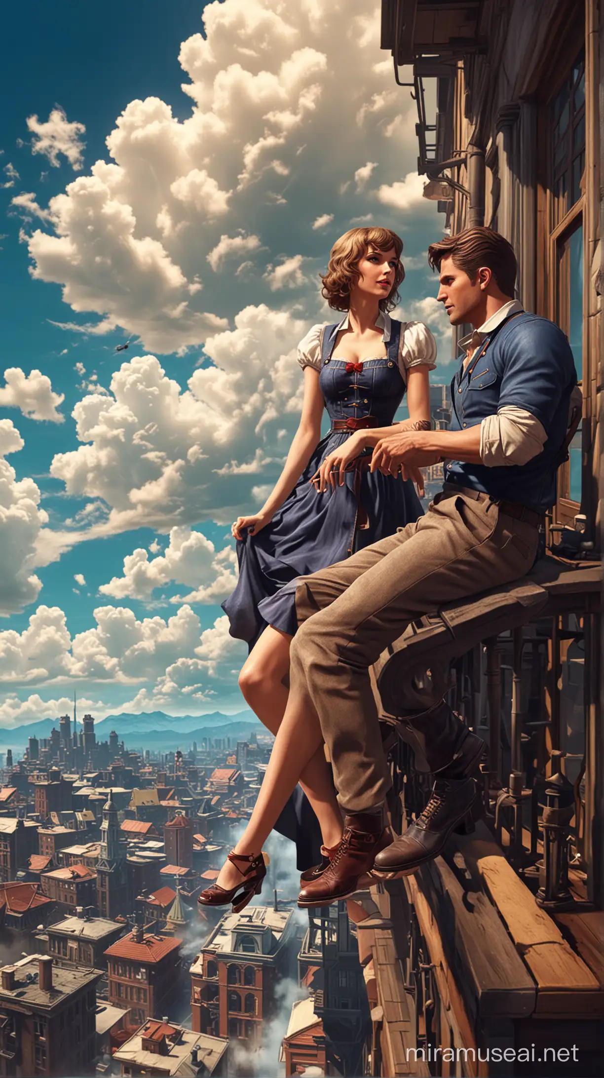 Booker dewitt from bioshock infinite and  taylor swift sitting on Balcony columbia city clouds blue sky background 