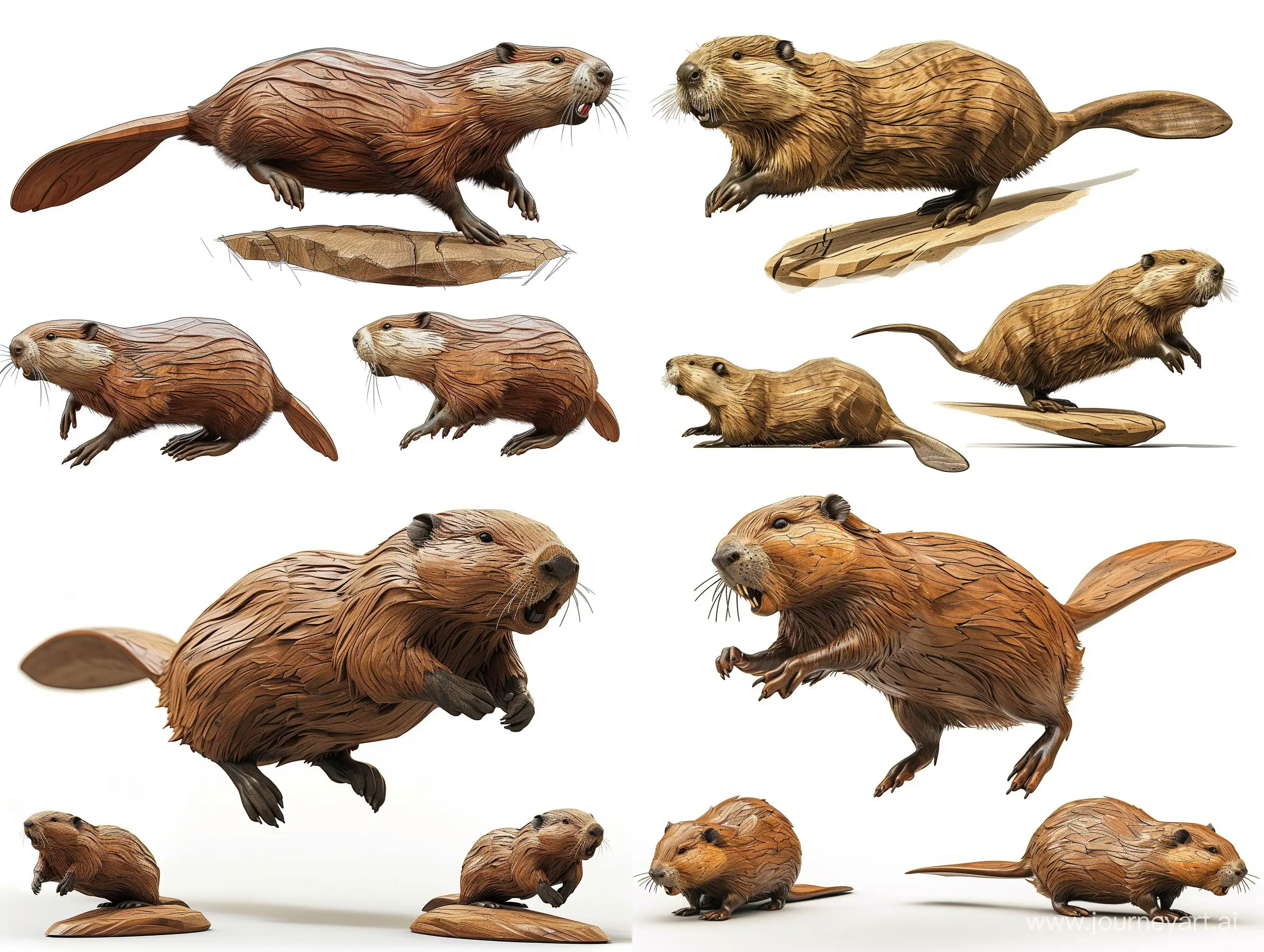 Professional sketch for wooden sculpture, a full-length beaver jumping full-face and in profile, professional dynamic character, front back view and side view, wood carving, white background, 8k Render, ultra realistic