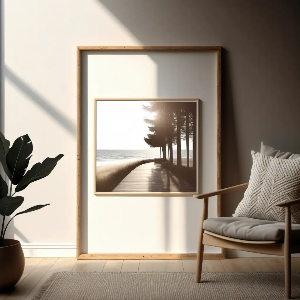 photo realistic of thin wooden frame mockup, home decor interior, cozy boho living room, 4K, natural lighting, window shadow overlay, scandinavian style