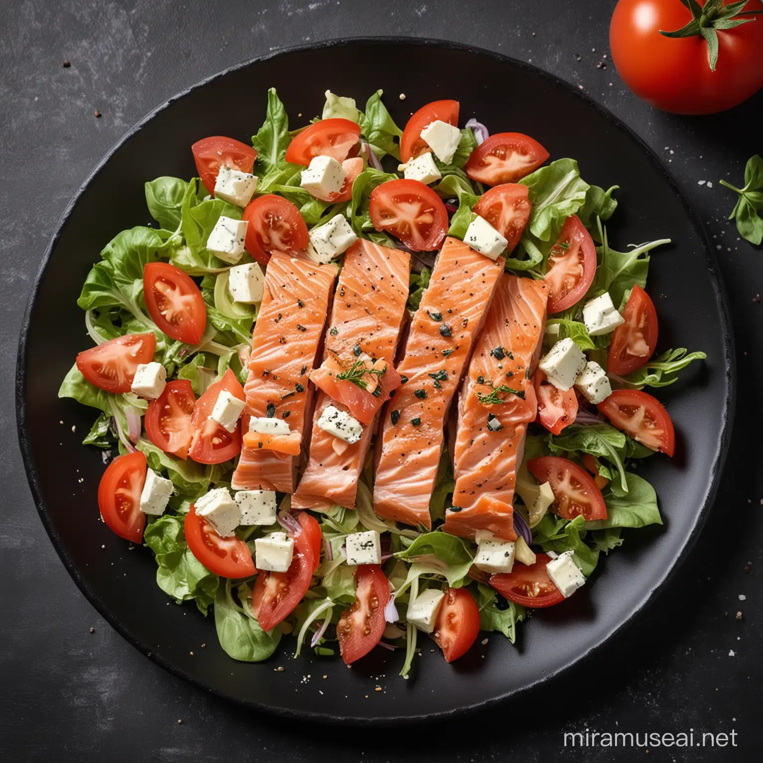Fresh Salmon Salad with Tomato and Cheese on Round Black Plate