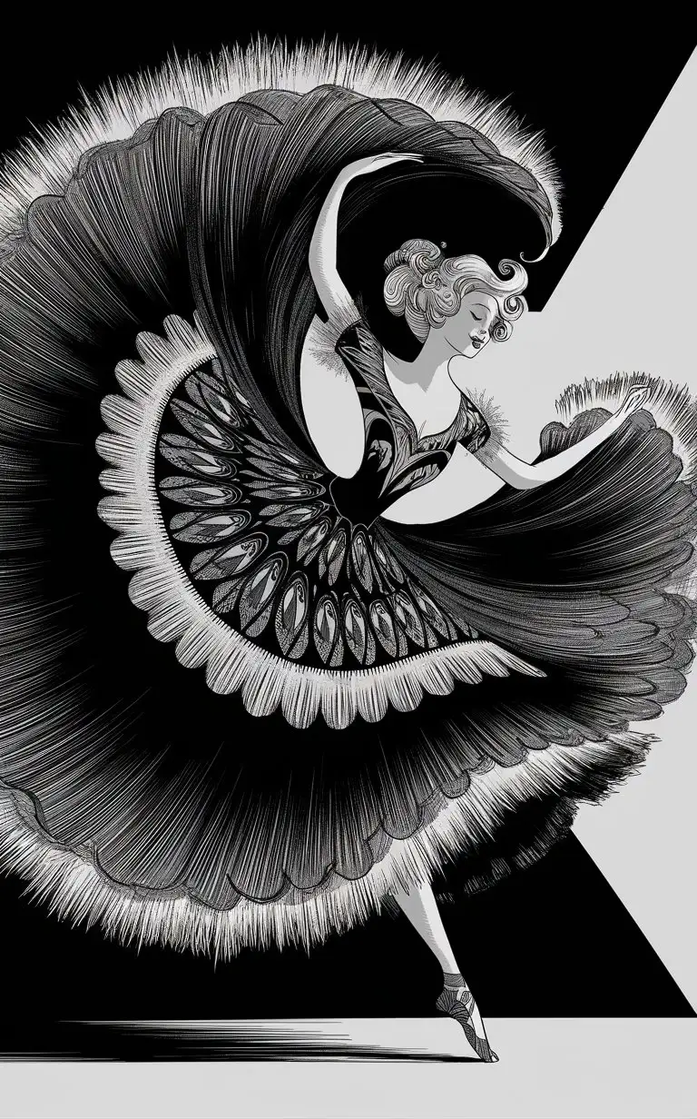 a high-quality illustration of an woman dancing and her dress spinning in the air bold medium outlines in black and white, detailed patterns, detailed, fantasy themes, whimsical, coloring book page, creative design, intricate details, high contrast, textured lines, gold ratio