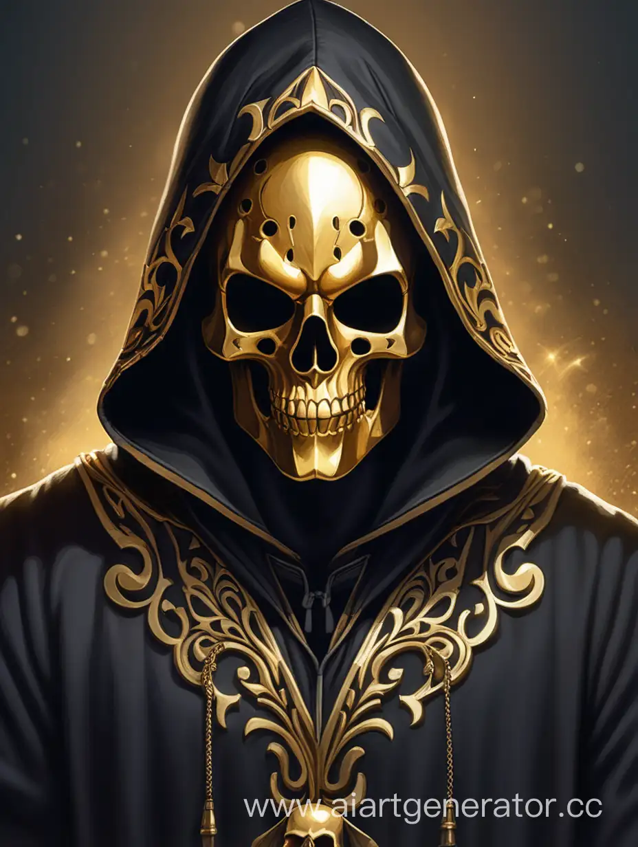 a golden mask in the shape of a skull on the face. A clean black robe without patterns or decorations. male magician in a hood. A beautiful drawing. baldur's gate 2
