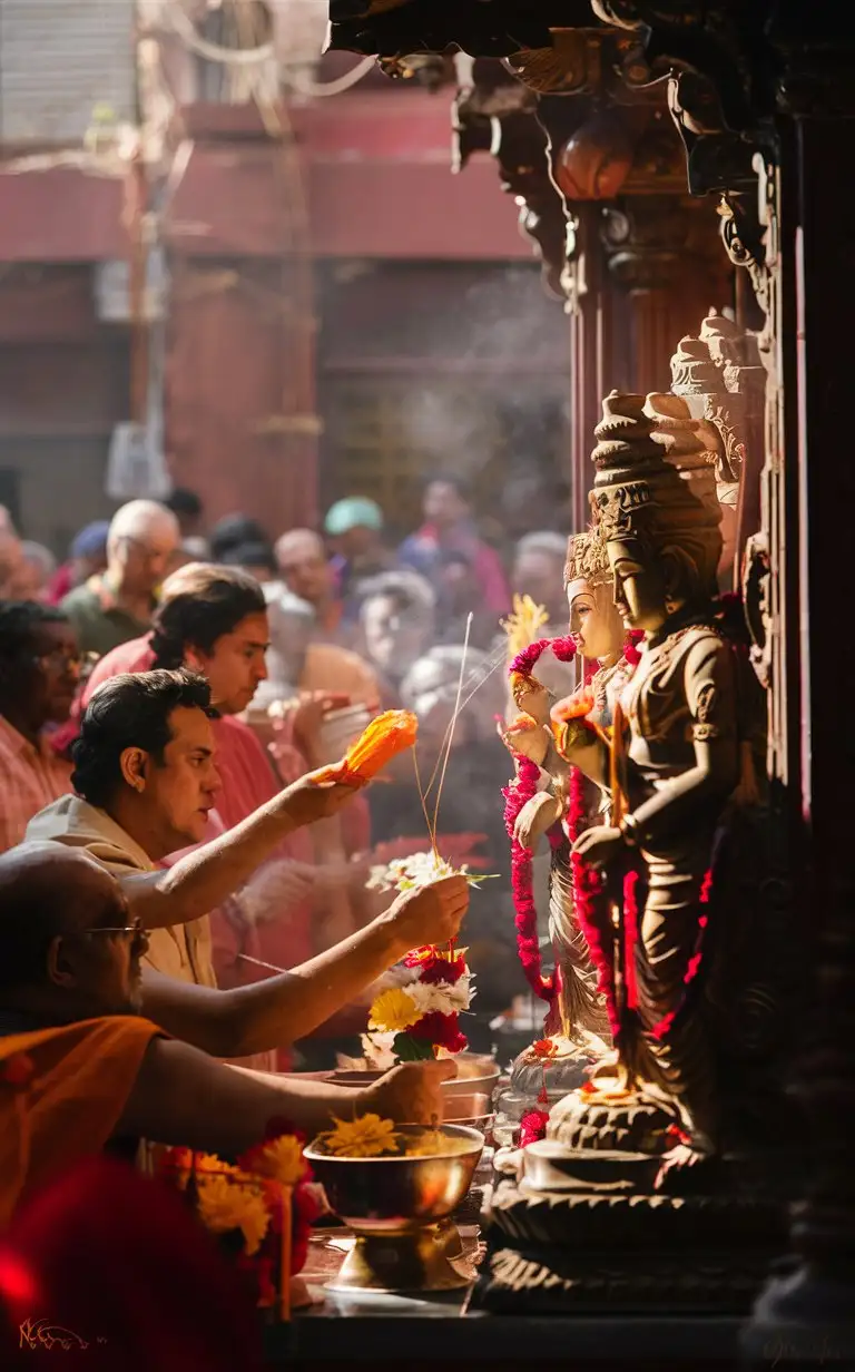 Create an image of devotees offering flowers and incense to the deities during the puja