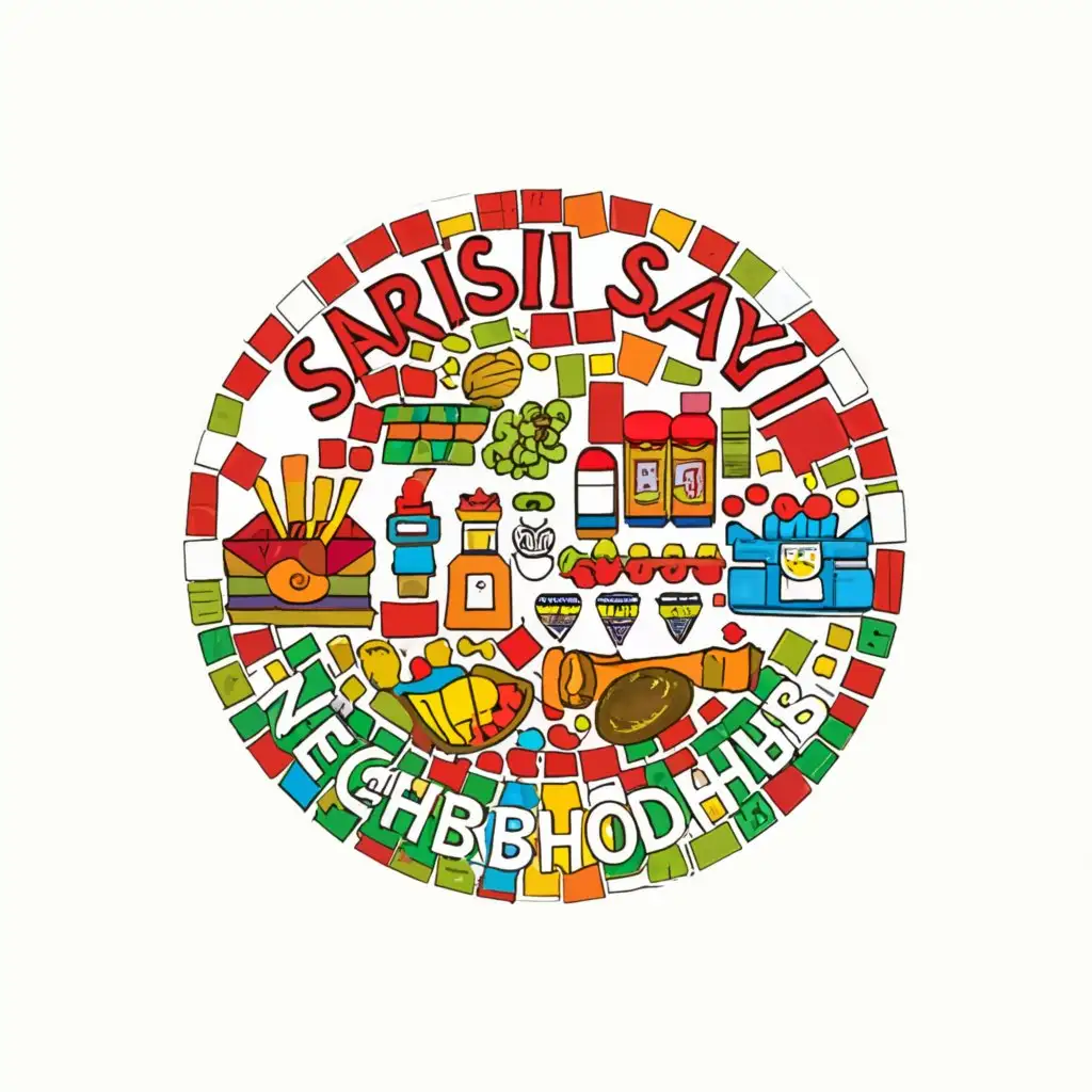 a logo design,with the text "Sari-Sari Savvy: Your Neighborhood Hub", main symbol:A colorful depiction of various products commonly found in a sari-sari store, arranged in a mosaic pattern to symbolize diversity and abundance.,Moderate,be used in Retail industry,clear background