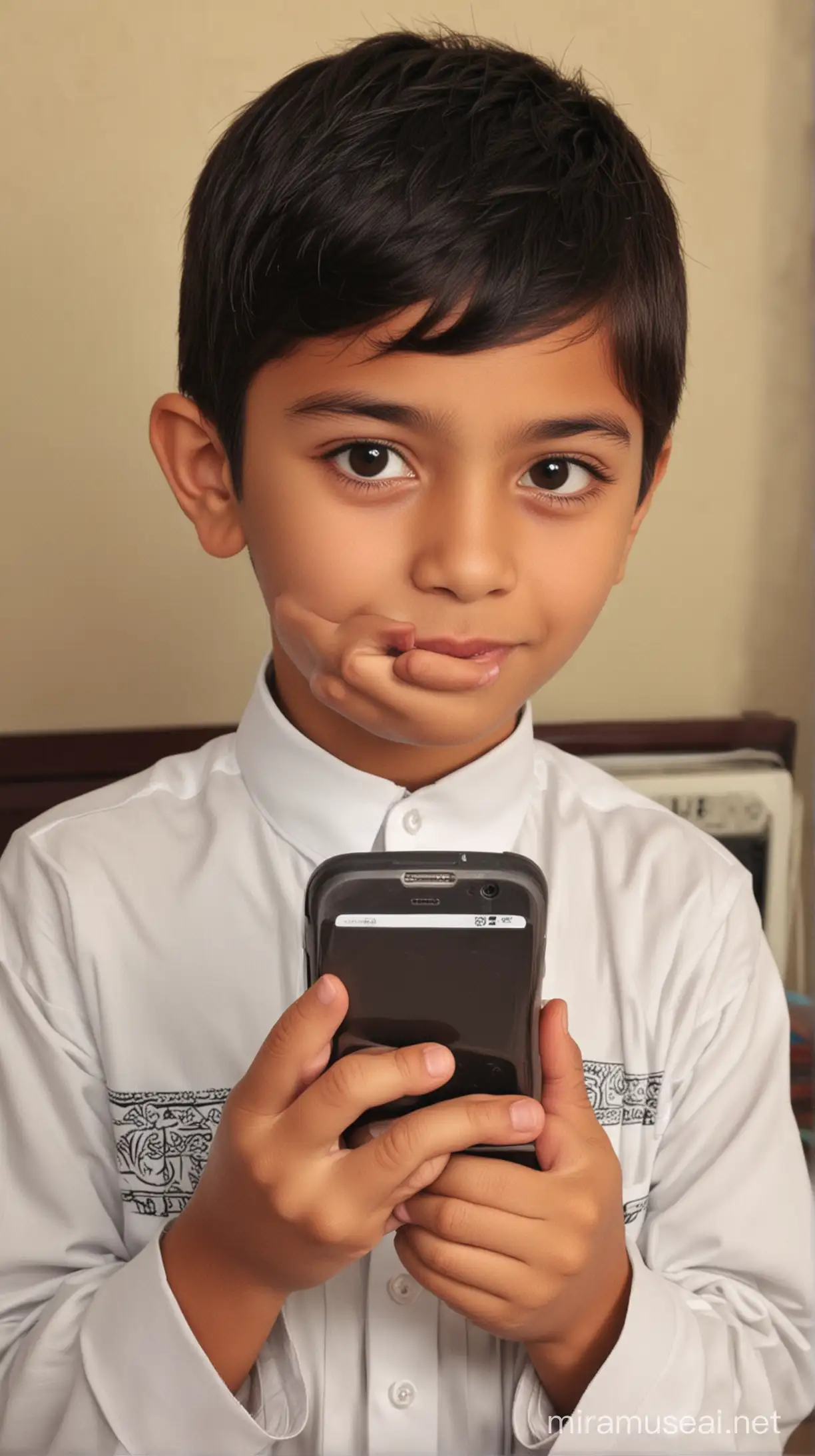 Muslim Kid Boy Introducing Mobile Phone