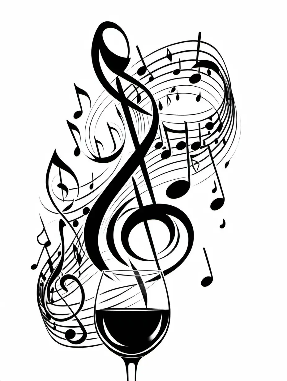 wine music note, illustrated black and white with white background