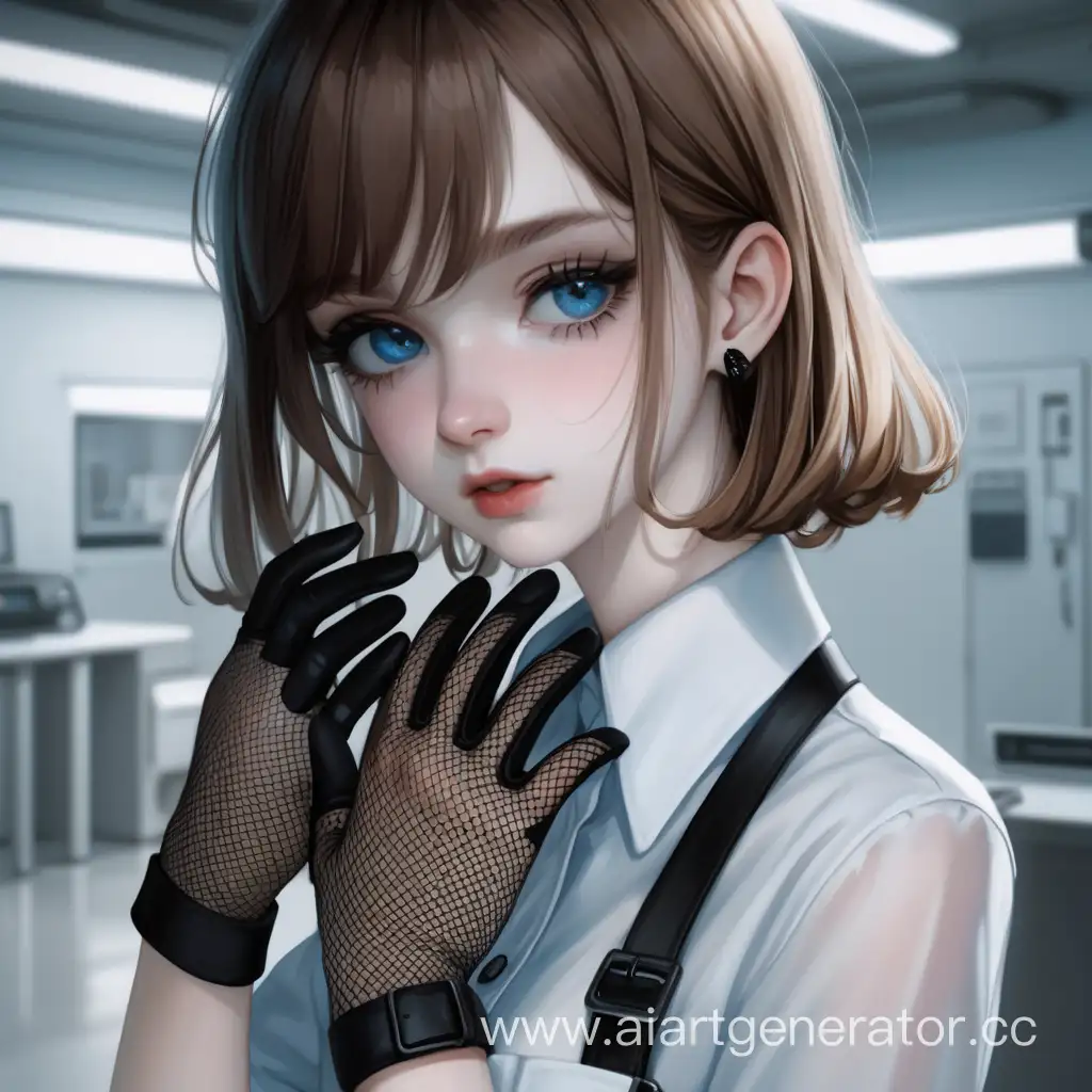 Девушка с бледной кожей и волосами цвета молочно коричневый цвет глаз голубой одета в белую рубашку и чёрные брюки а так же чёрные сетчетые перчатки  худая