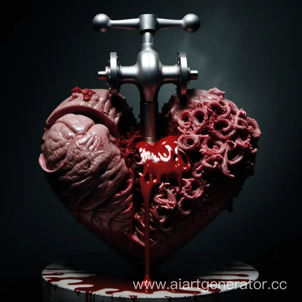 The meat grinder spins a living heart, surrounded by blood and sorrow.