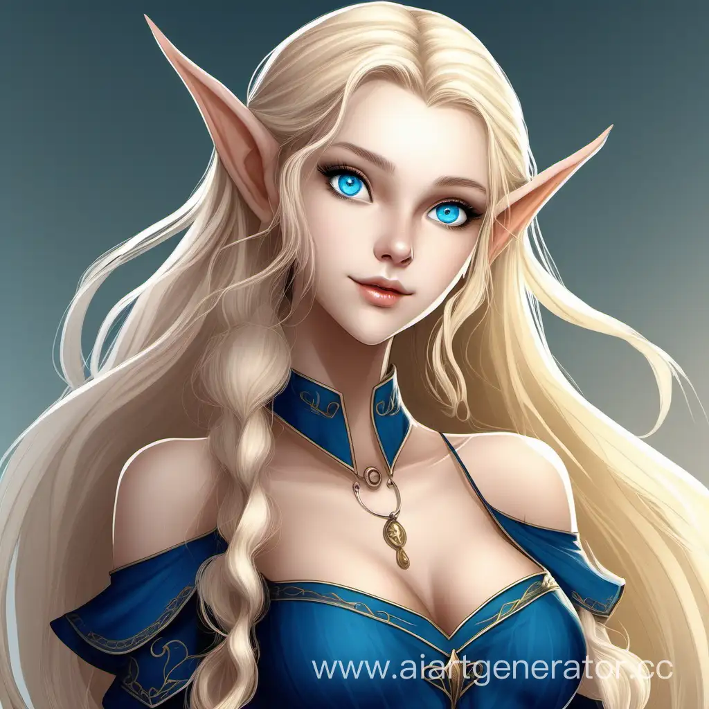 An 19-year-old girl with long blonde hair, blue eyes, a slender body with a voluminous bust and curves, with pointed elf ears.