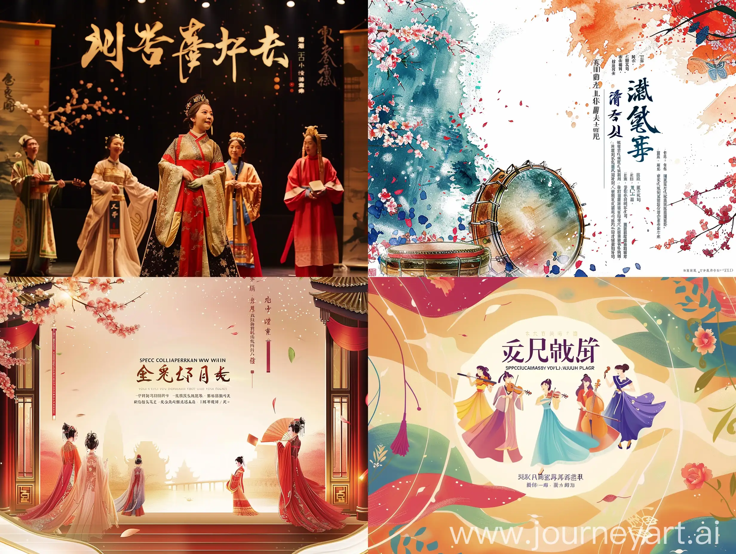 请设计并生成一张用于舞台演出的背景图，图上的文字是“武汉市青少年宫文艺部教师专场演出”。演出的主要节目是美声声乐和器乐。