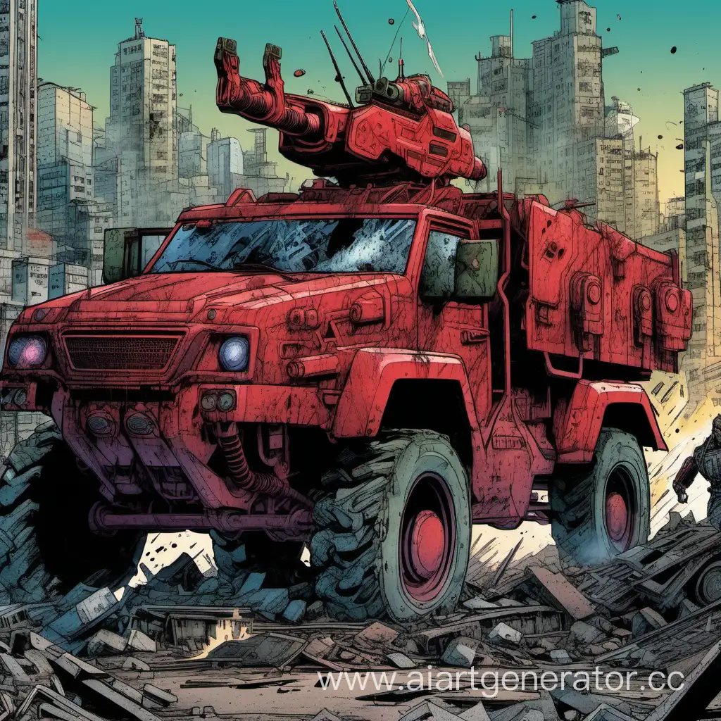 90s comics art, attack move, full height figure, cyberpunk, red military pickup with cannons, ruined city, aggressive, colored